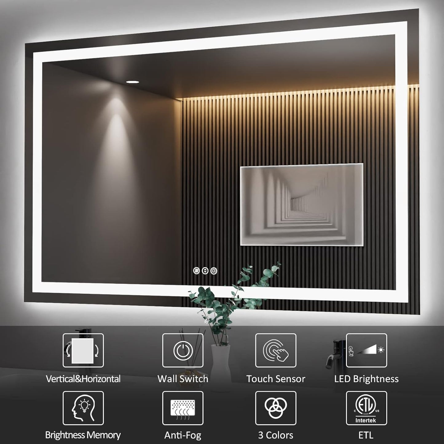 Amorho LED Bathroom Mirror 55''X36'' with Front and Backlight, Large Dimmable Wall Mirrors with Anti-Fog, Shatter-Proof, Memory, 3 Colors, Double LED Vanity Mirror