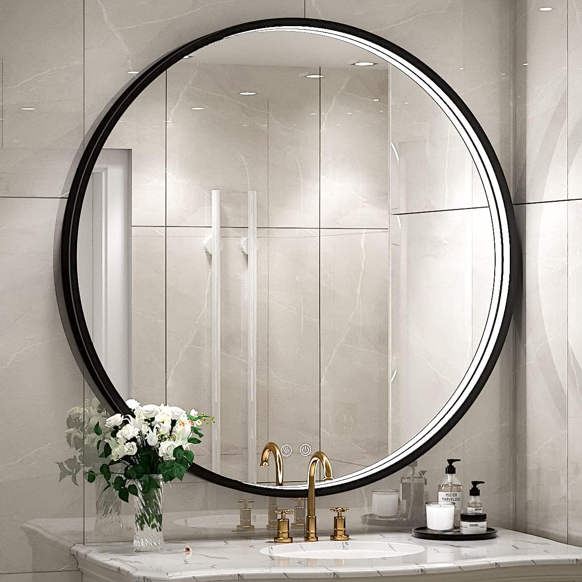 32" Round LED Bathroom Mirror, Dimmable Anti-Fog Vanity Mirror with Touch Control, 6000K Natural Light, Black Metal Frame, Wall Mounted for Makeup Shaving (IP54, 90+ CRI)
