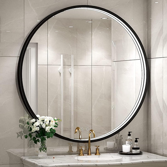 32" Round LED Bathroom Mirror, Dimmable Anti-Fog Vanity Mirror with Touch Control, 6000K Natural Light, Black Metal Frame, Wall Mounted for Makeup Shaving (IP54, 90+ CRI)