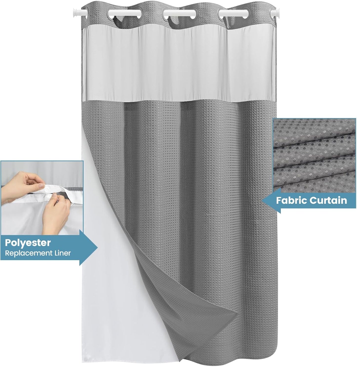 Stall No Hook Shower Curtain with Snap in Liner,230GSM Waffle Weave Shower Curtains for Bathroom,60W x 74H,Grey