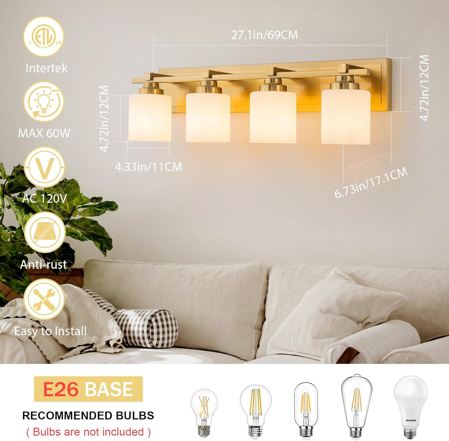 4 Light Modern Bathroom Light Fixtures Over Mirror, Brass Finish Vanity Lights for Bathroom Wall Sconces with Milky White Glass Shades, E26 Socket (Bulbs Not Included)