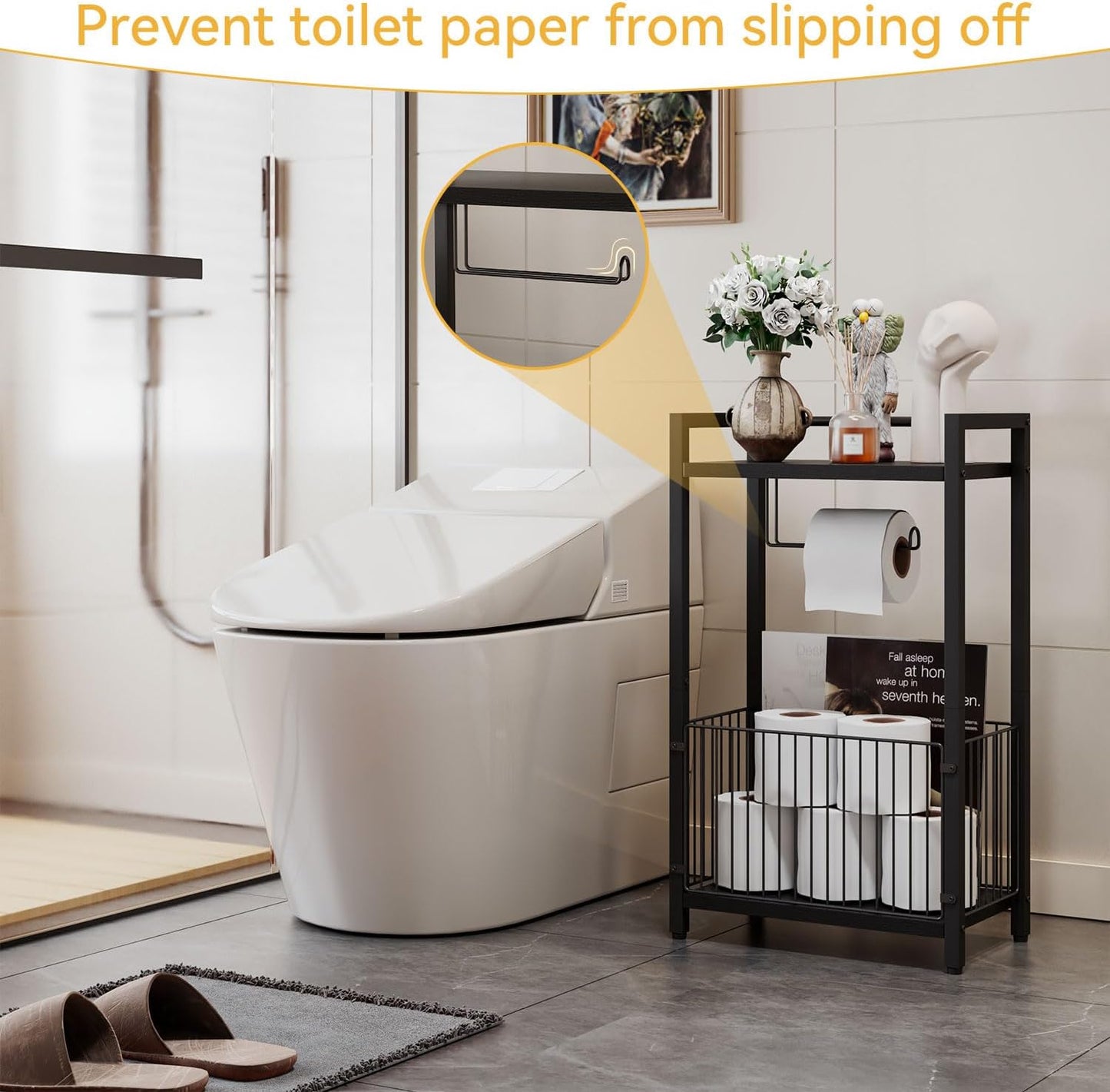 IBUYKE Freestanding Toilet Paper Holder Stand with Storage Shelf,Bathroom Toilet Tissue Roll Dispenser with Extra Space for Rolls, Magazines, Wet Wipes Black TLJ020B