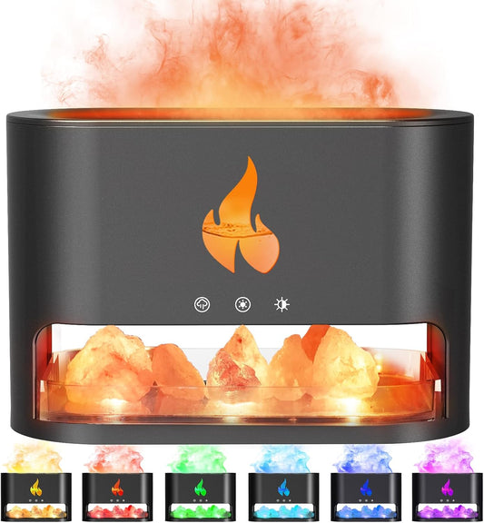 Fireplace Flame Diffuser, Aromatherapy Essential Oil 250ml Himalayan Salt Lamp Cool Mist Ultrasonic Humidifier for Bedroom,Office,Home, Auto Shut-Off, Night Light (Black), (M23)