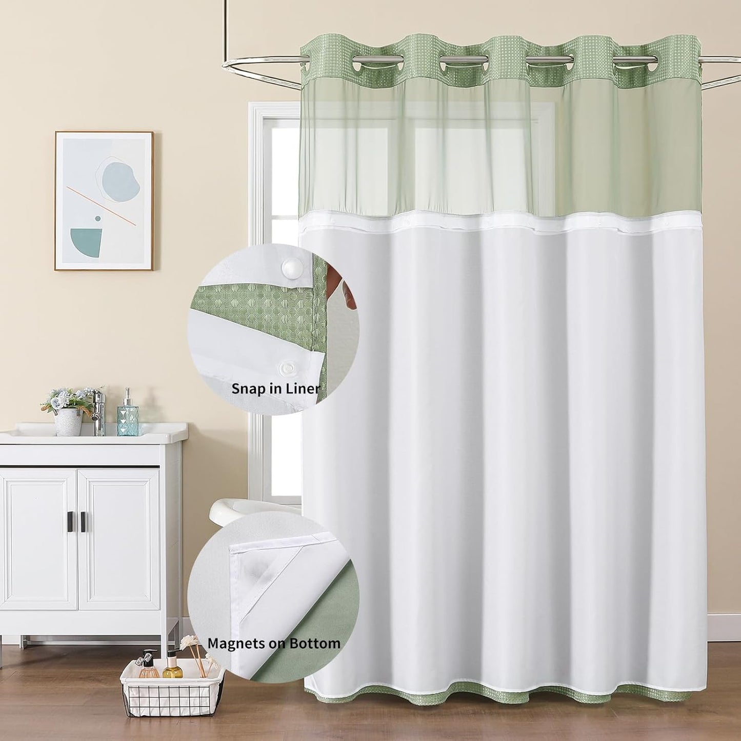 Colorful Star No Hook Shower Curtain with Snap in Fabric Liner, Waffle Weave Heavy Duty Thick Shower Curtains with Mesh Top Window, Hotel Style Waterproof Bathroom Curtain Set, 72'' x 87'', Sage Green