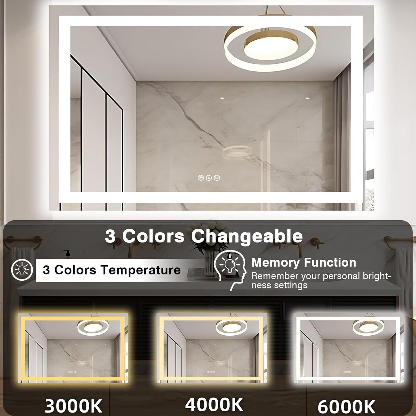 55"x40" Bathroom Mirror with LED Lights, Front and Backlit Mirror, Anti-Fog LED Vanity Mirror, 3 Colors and Dimmable Mirror, Waterproof, Corrosion Proof (Horizontal/Vertical)