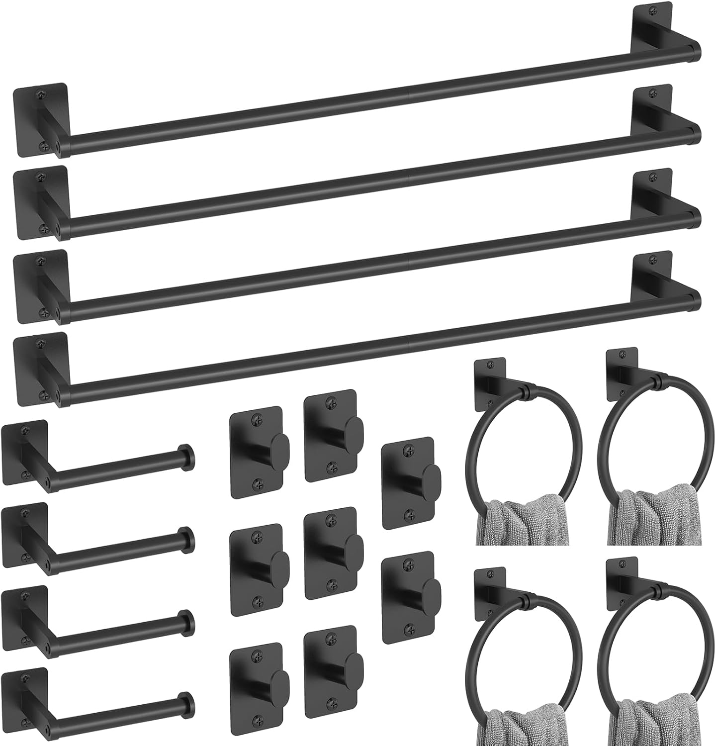 20 Pieces Bathroom Hardware Set, Black Bathroom Accessories Set, 24 inch Towel Bar, Towel Racks for Bathroom, Robe Towel Hooks, Toilet Paper Holder Wall Mounted