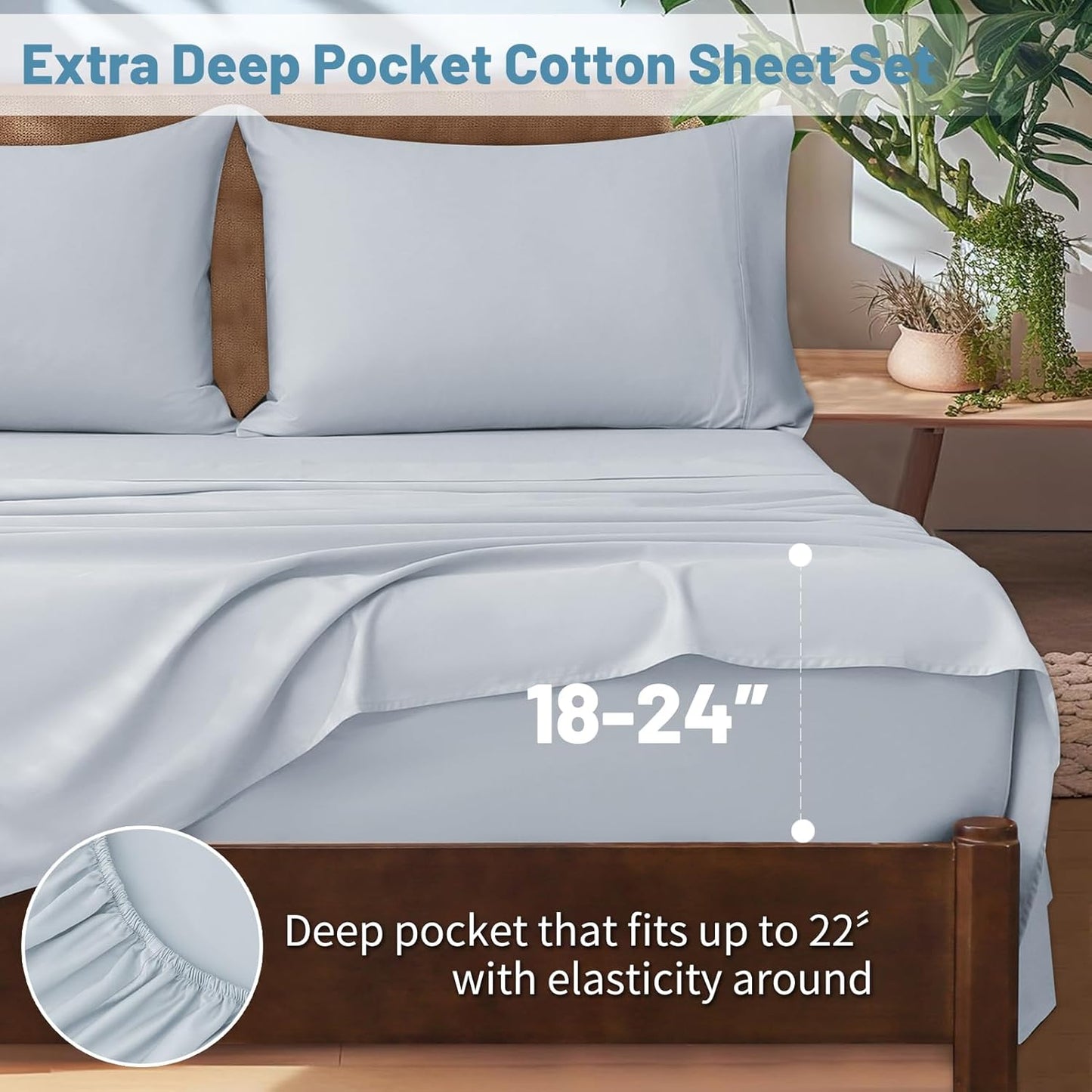 Extra Deep Pocket King Sheets 18-24 Inch 1000 Thread Count 100% Egyptian Cotton Sateen Weave Soft Breathable 4 Pieces（King，Light Blue）