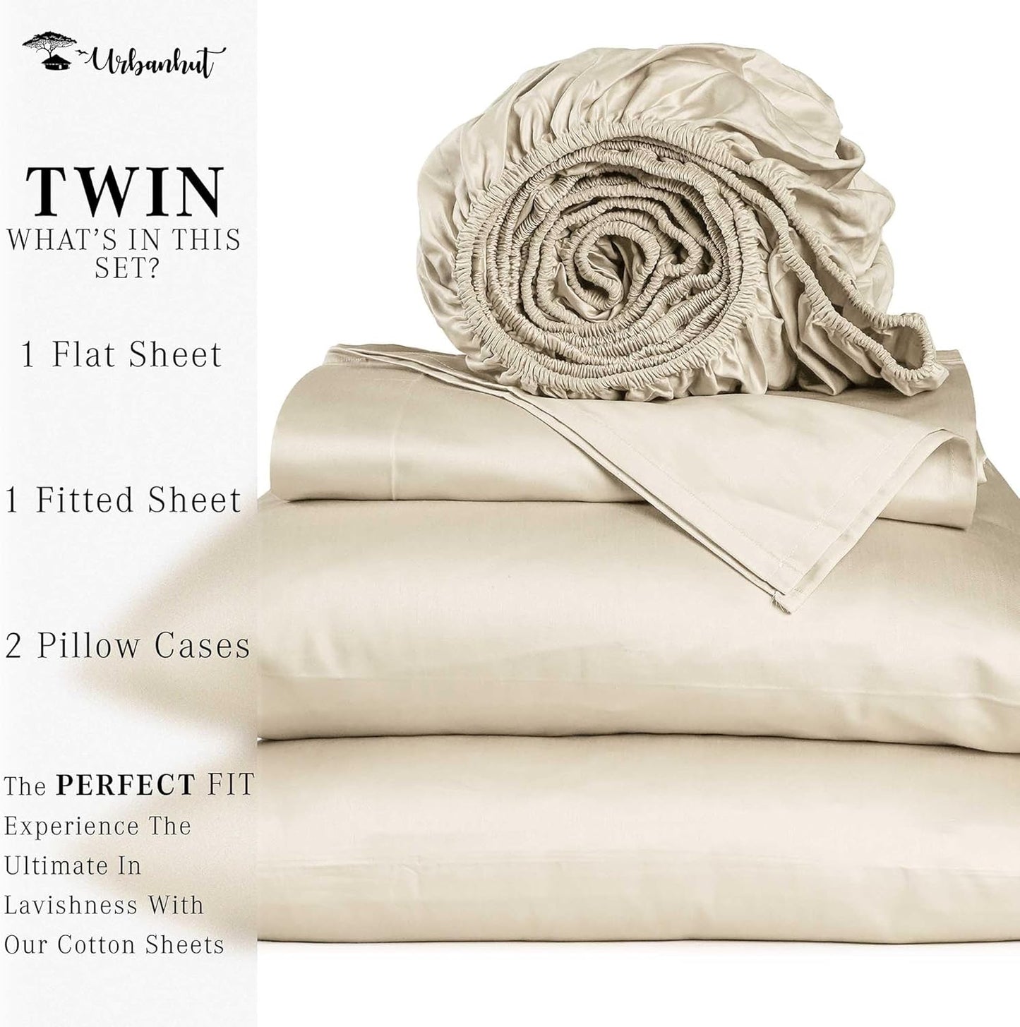 URBANHUT 700 Thread Count Twin Sheet Set Egyptian Cotton Sheets, 4Pc Sheet Set Soft Luxury Bed Sheets for Twin Size Bed, Sateen Weave Hotel Sheets, 14" Elasticized Deep Pocket - Ivory