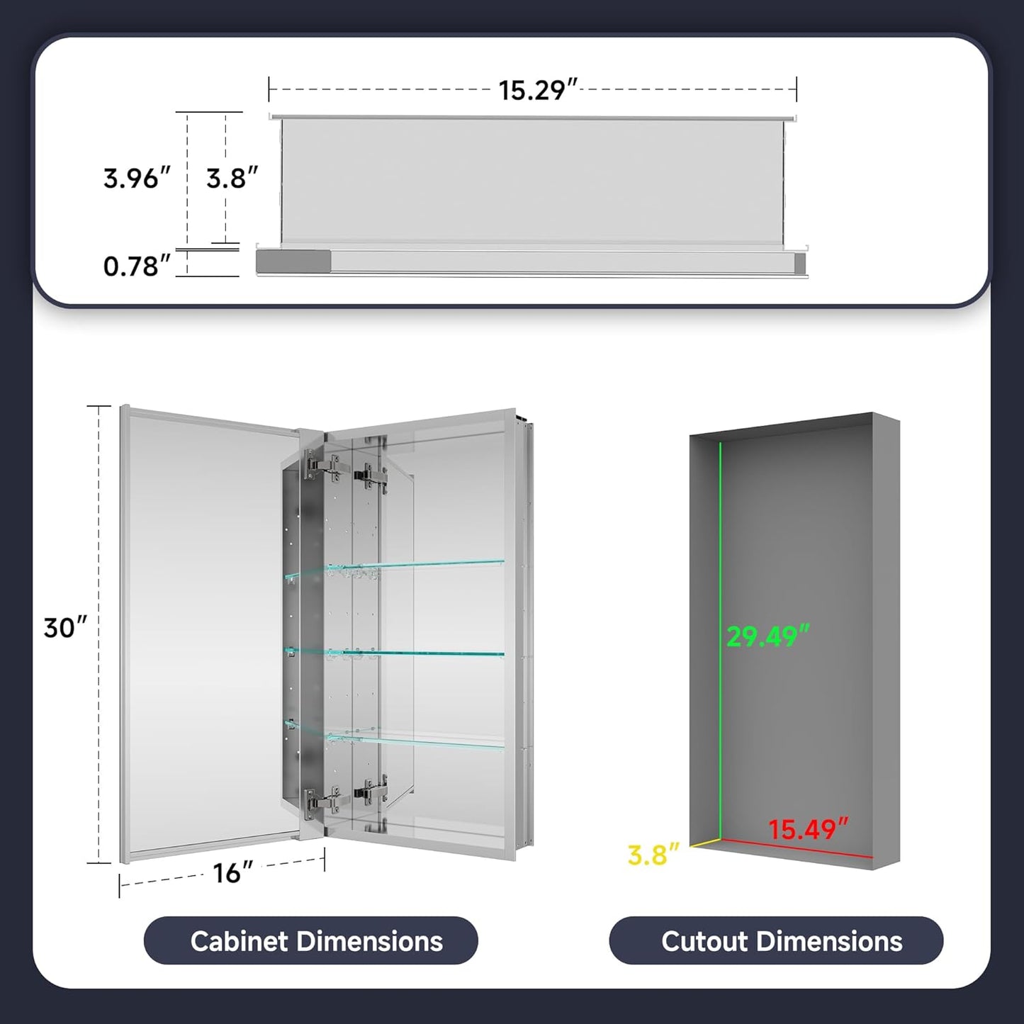 Medicine Cabinet 16" x 30", Bathroom Medicine Cabinet with Mirror, Recessed Medicine Cabinets with Adjustable Shelves, Soft-Closing Door, and Aluminum Alloy Frame - Reverse Installation, Silver