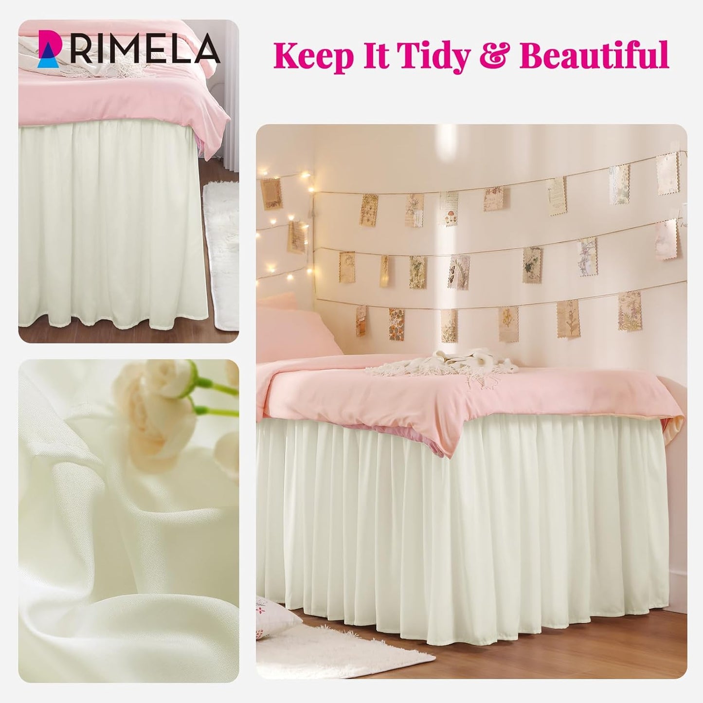 RIMELA Dorm Bed Skirt Twin XL 32 Inch Drop, Easy to Install Extra Long Wrap Around Elastic Dust Ruffle, Ivory Bedskirt Solid Silky Fabric Machine Washable (Twin XL 80“L x 39”W & Twin 75“L x 39”W)