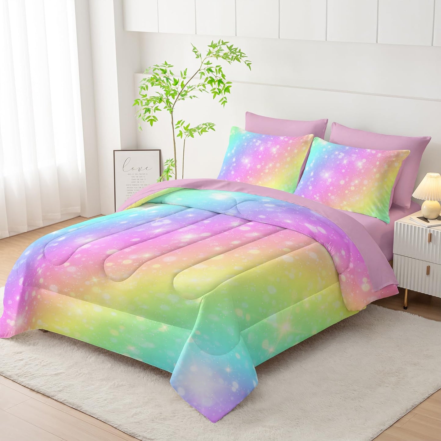 7 Piece Rainbow Comforter Set - Bed in a Bag, Pastel Galaxy Bedding Queen, Soft Microfiber, Kids/Teens/Girls, All Season