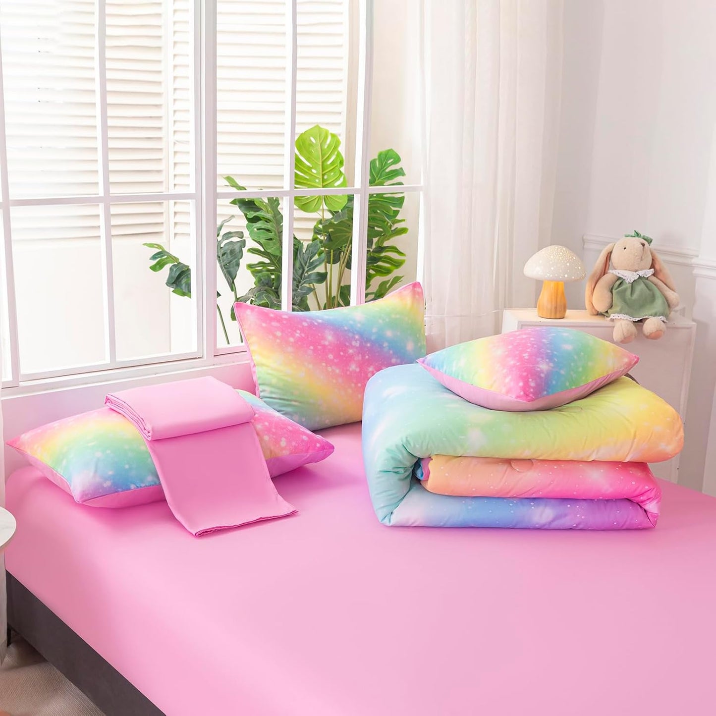 6Pcs Queen Size Comforter Set for Girls Kids, Gradient Colorful Rainbow Girls Bedding Set Queen with Sheets, Soft & Breathable Kids Bed for Gift Bedroom Decor