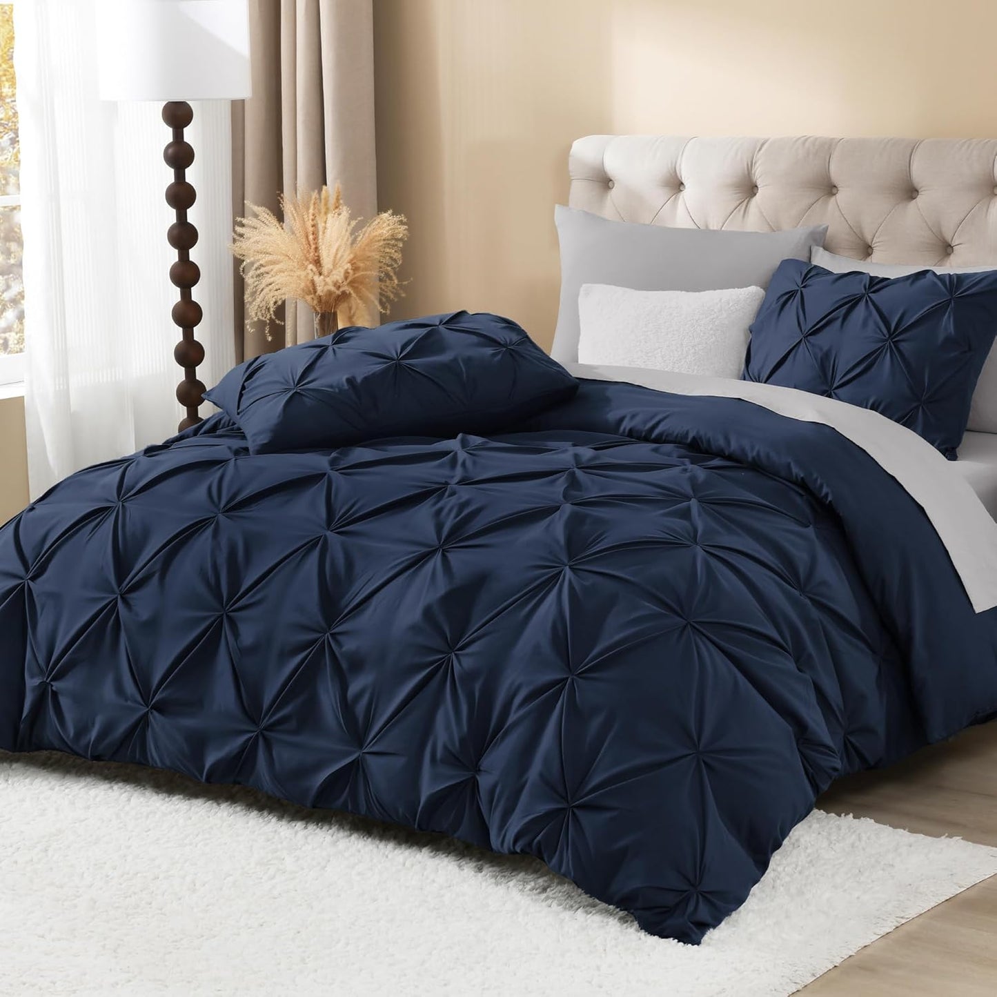 Litanika Navy Blue Oversized King Pinch Pleat Duvet Cover, 3 Pieces Pintuck Cover Soft Microfiber Bedding Set with Zipper Closure & Corner Ties(1 Duvet Cover, 2 Pillowcases)