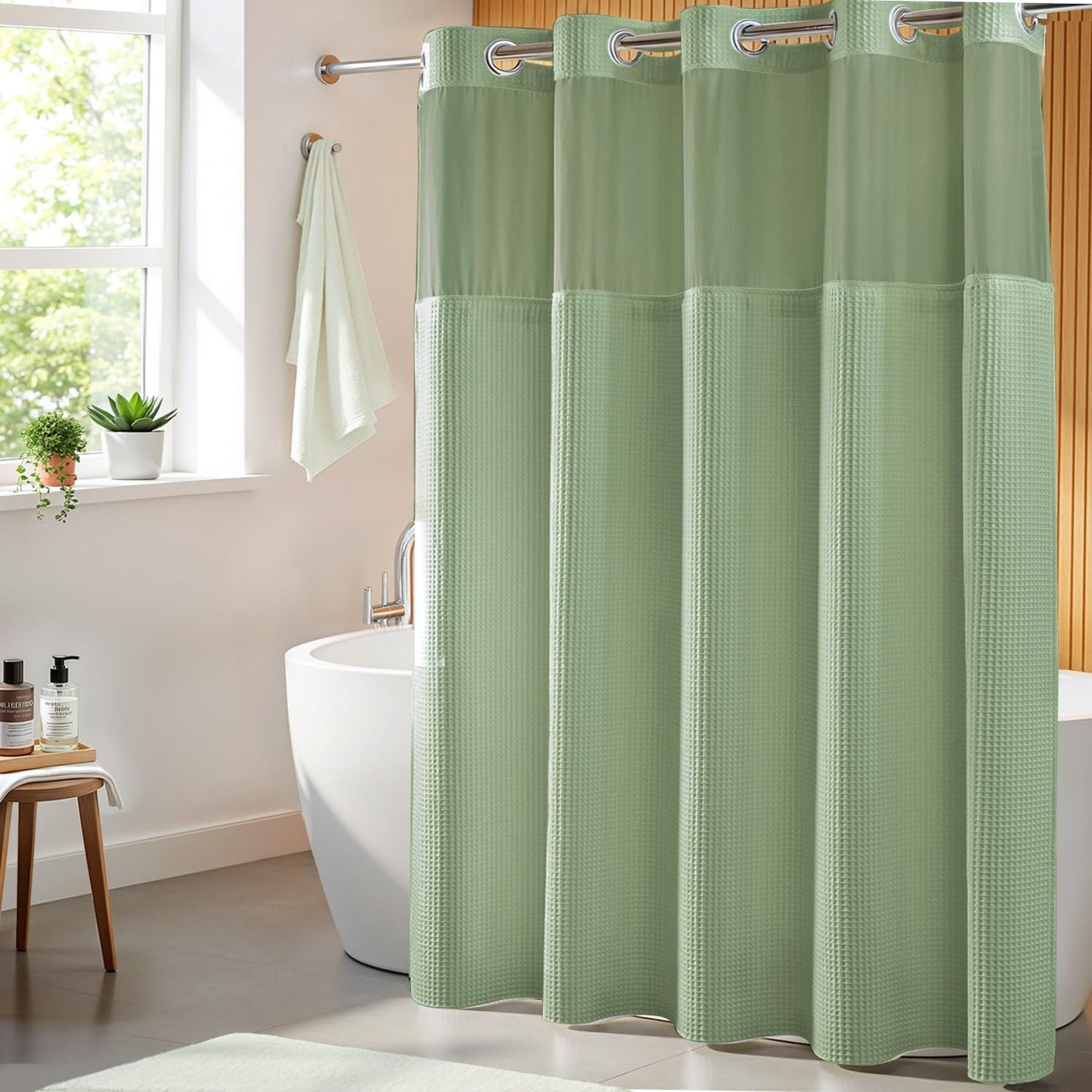River Dream Sage Green Fabric Shower Curtain Set, Cotton Blend, Waffle Weave, with Snap in Replacement Liner，71 x 74 inches
