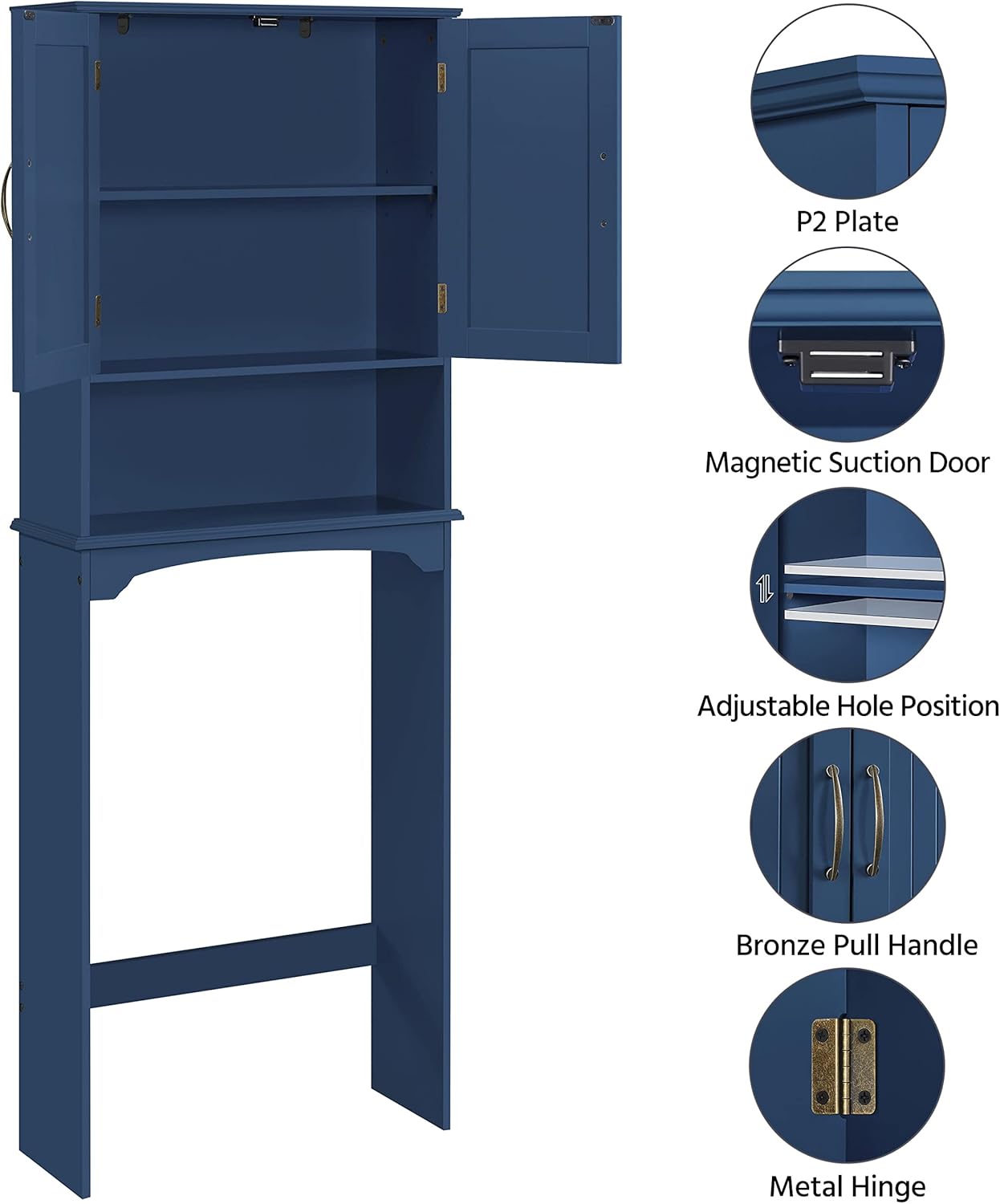Yaheetech Over The Toilet Storage with 2 Doors & Adjustable Shelf, Free Standing Toilet Rack Wooden Space-Saving Collect Cabinet, Bathroom Furniture, L24.5xW9xH66 in, Navy Blue