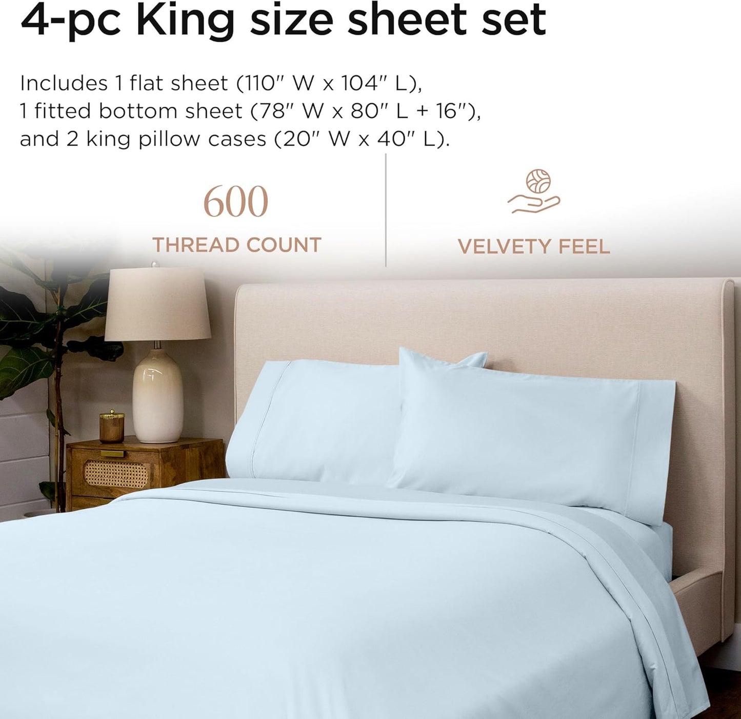 Threadmill 100% Cotton Sheets for King Size Bed - 600 Thread Count King Bed Sheets Set with 16” Deep Pocket - Sateen Weave 4-Piece Bedding Set with Cooling Effect, Blue