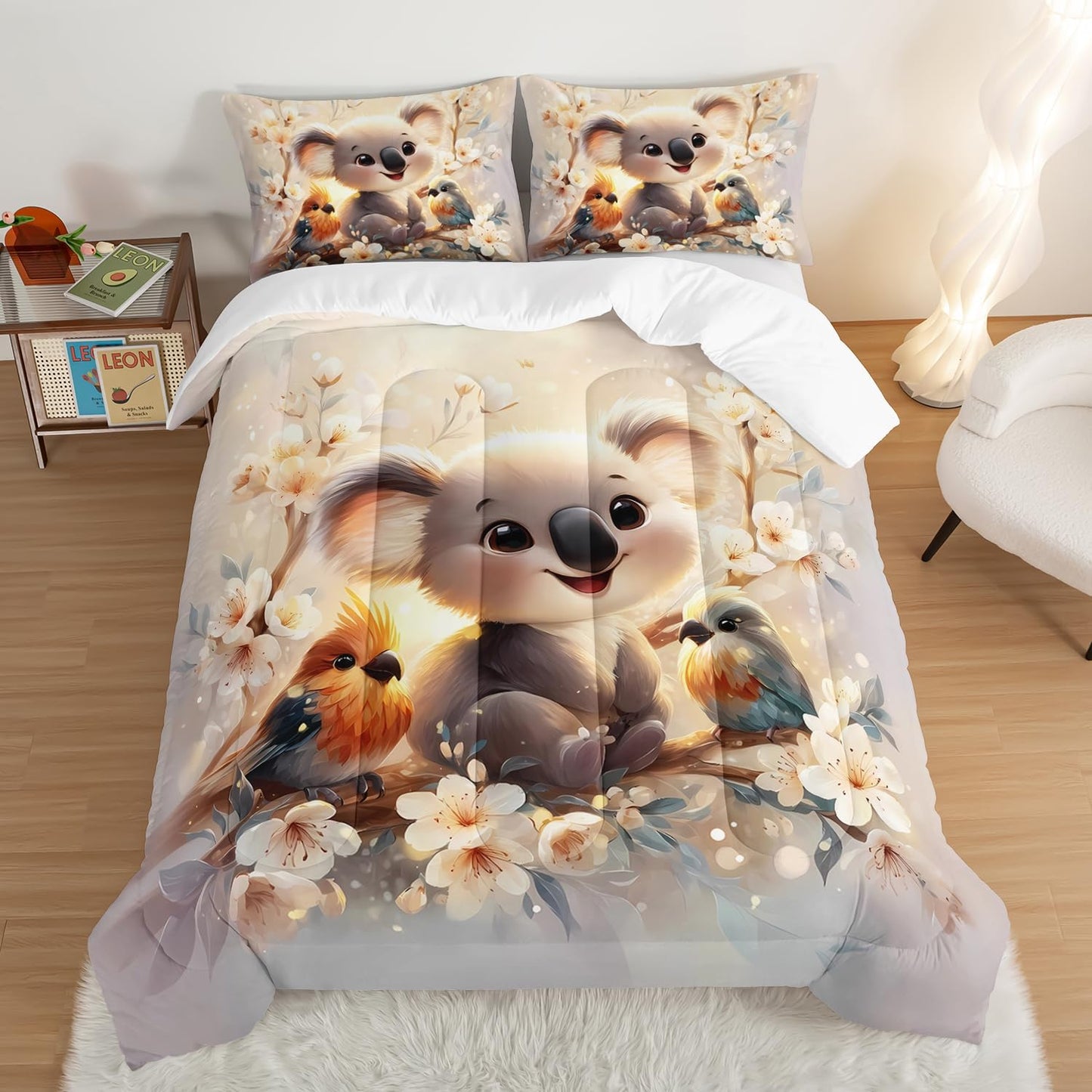 Kawaii Koala Bedding Set,Cartoon Koala Parrot Floral Pattern Full Size Bed Set for Kids Girls Boys Room Decor,Cute Beddings with 2 Pillowcases.