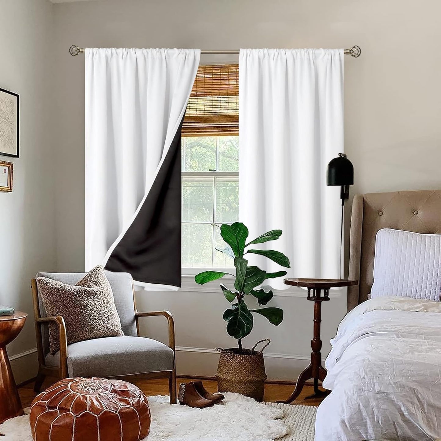 BGment Short Blackout Curtains for Small Window 54 Inch Length 2 Panels Set, Full Room Darkening Thermal Insulated Rod Pocket Curtains with Black Liner, 46 Inch Wide, Pure White, 2 Panels