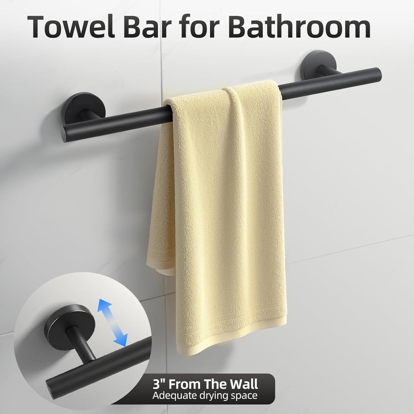 Matte Black Bathroom Hardware Set, Bathroom Towel Holder Bar Set 5 Pieces, SUS304 Stainless Steel Bathroom Towel Rack Set Wall Mounted-16 Inch Towel Bar, Toilet Paper Holder, Towel Hooks, Towel Ring