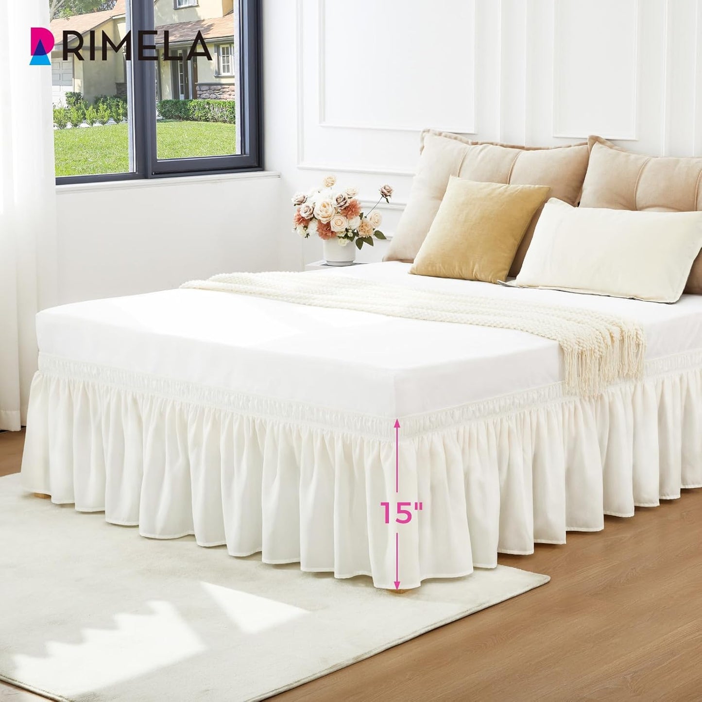 RIMELA Warm White Bed Skirt King Size 12 Inch Drop, Wrap Around Elastic Adjustable Bedskirt, Bed skirting Dust Ruffle for Bed Frame & Box Spring Soft Durable Fabric Machine Washable Easy to Install