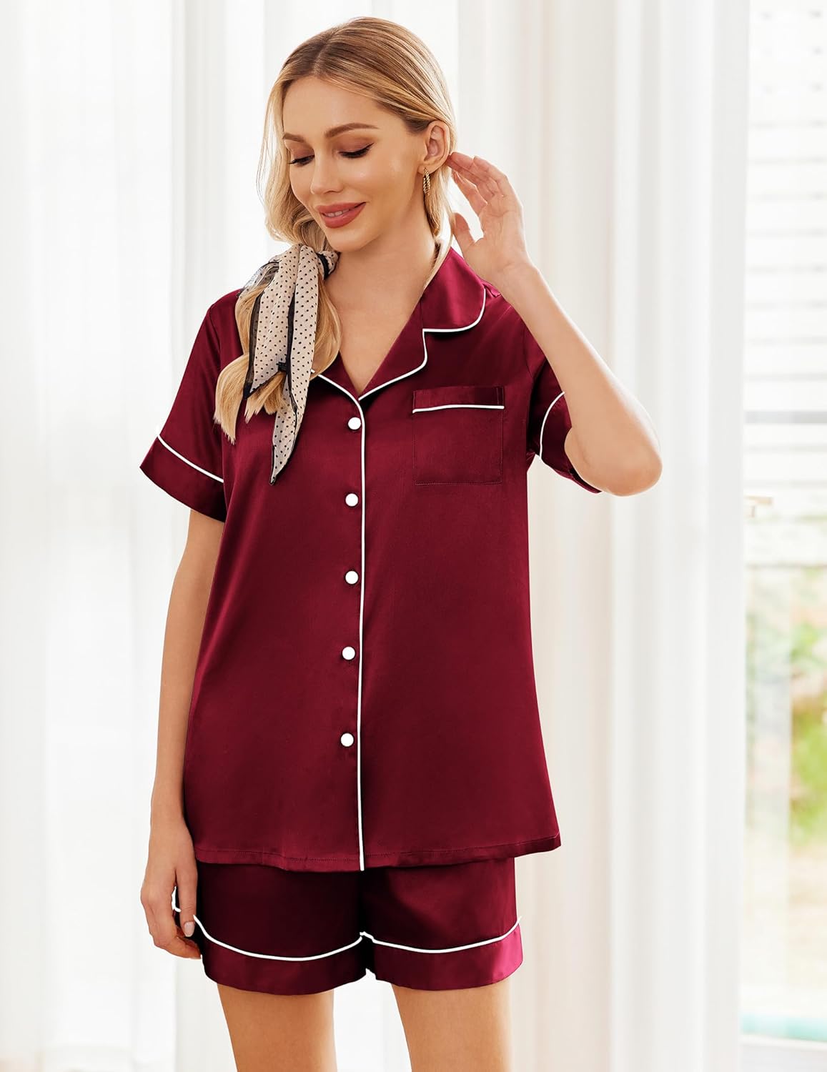 Ekouaer Womens Silk Satin Pajama Sets Soft Short Sleeve Button Down Sleepwear Top and Shorts 2 Piece Pjs Lounge Set