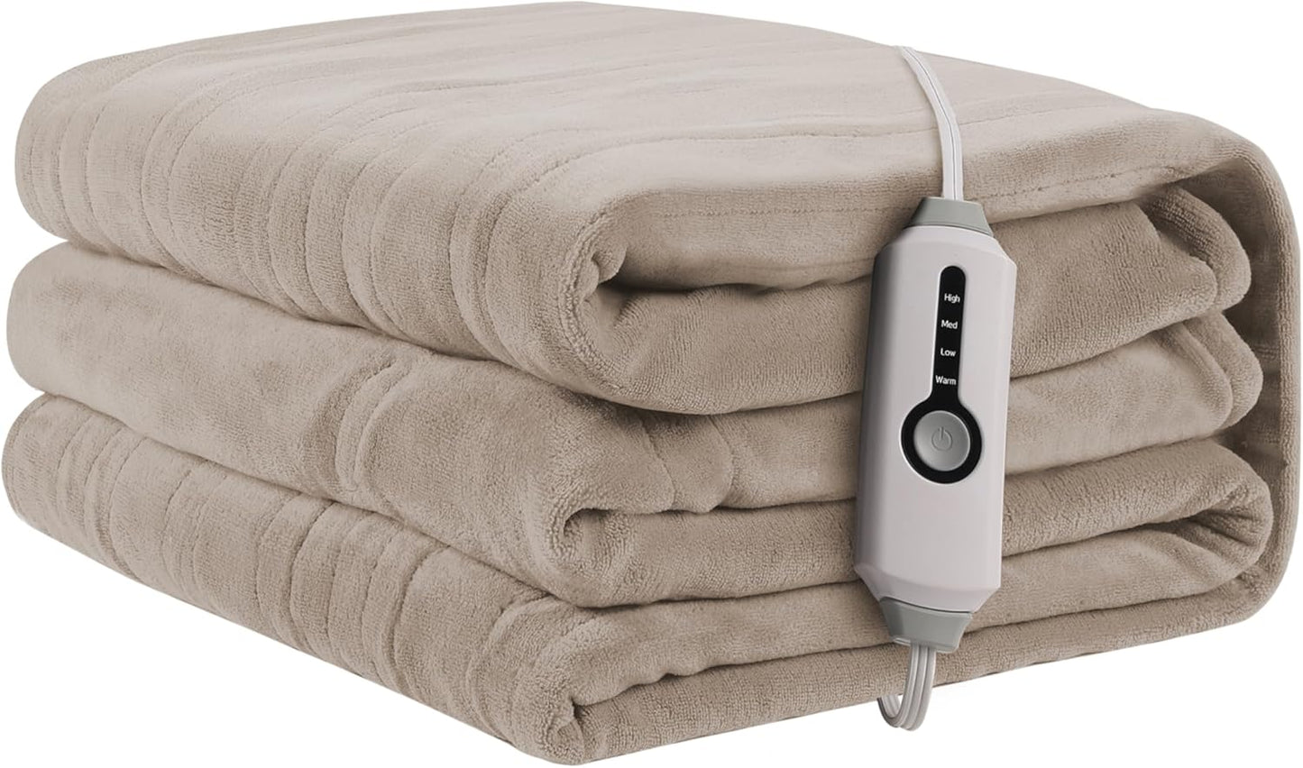 Heated Electric Blanket 62"x84" Twin Size, Soft Coral Fleece Blanket with 4 Heating Levels & 10 Hours Auto-Off, Fast Heating, Warm Cozy, Machine Washable for Home & Office - Light Brown