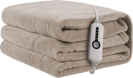 Heated Electric Blanket 62"x84" Twin Size, Soft Coral Fleece Blanket with 4 Heating Levels & 10 Hours Auto-Off, Fast Heating, Warm Cozy, Machine Washable for Home & Office - Light Brown