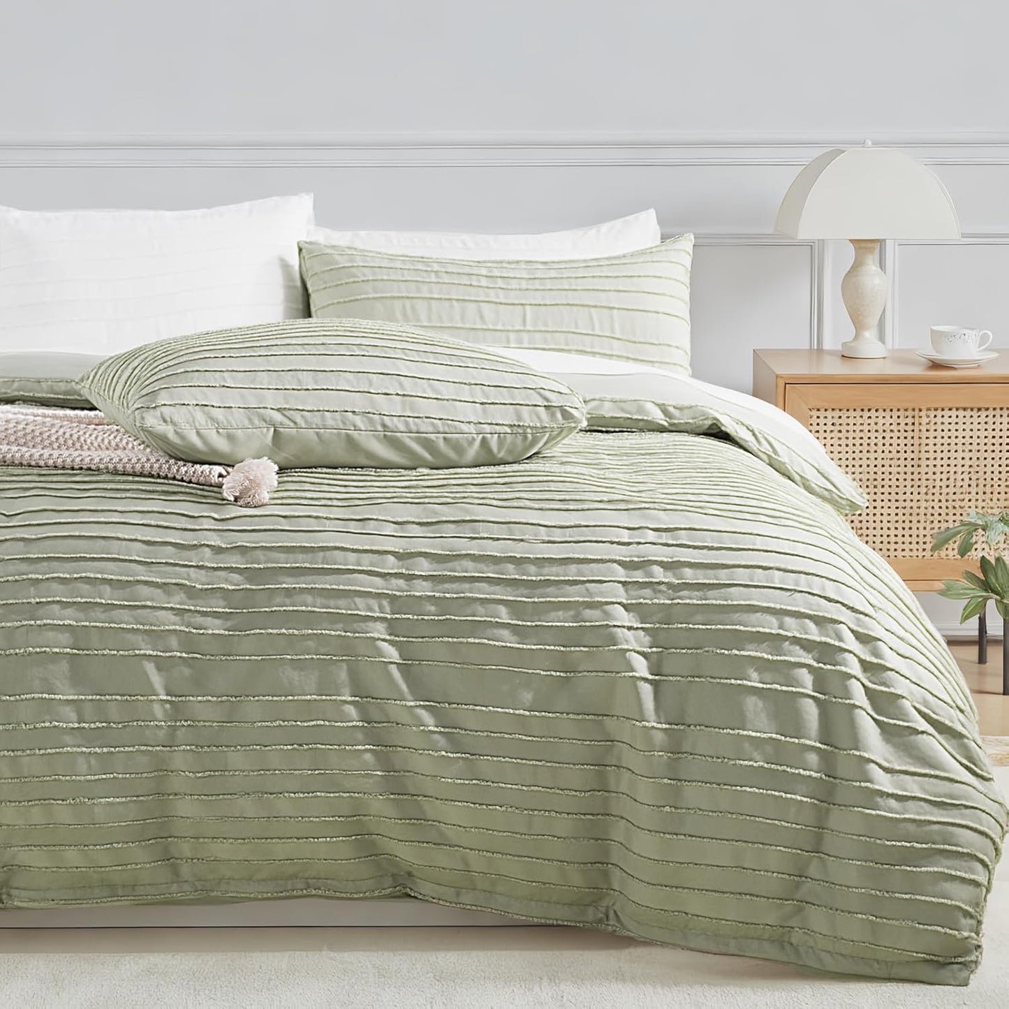 NEXHOME PRO Duvet Cover King Size, Blue 3 Pieces Boho Tufted Duvet Cover Set, Soft and Lightweight Microfiber Comforter Cover Set for All Season (Sage Green,104 x 90)-No Comforter