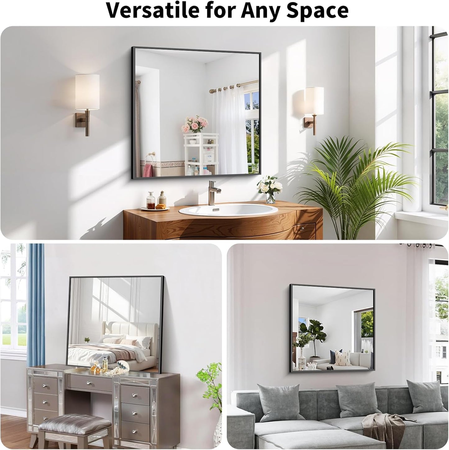 Koonmi Black Framed Bathroom Mirror - Shatterproof 30"x30" Tempered Glass, HD No Distortion, Horizontal/Vertical Mount, Modern Matte Aluminum Alloy Frame