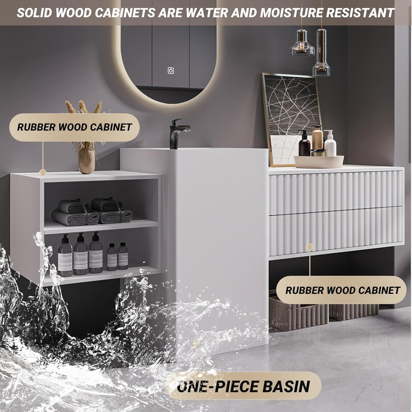 64Inch Freestanding Sink Bathroom Vanity, Wall-Mount Bathroom Cabinet with Open Storage and Striped Drawers, Solid Wood Bathroom Vanity with Smart Defog Mirror and Spacious Rock Plate Countertop