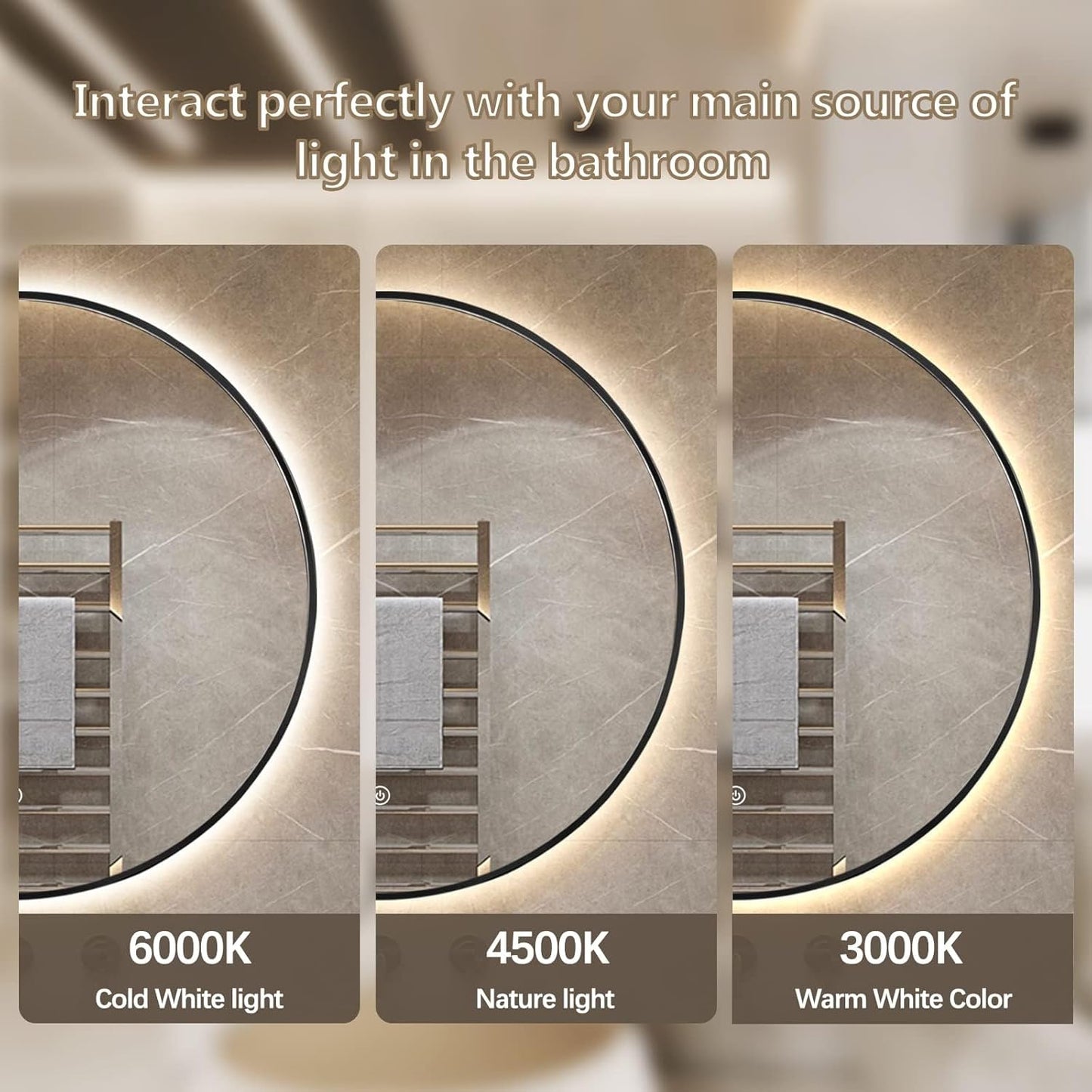Niccy 28" LED Backlit Round Mirror for Bathroom, Black Framed Vanity Light Wall Mirror LED Smart Circle Mirrors with 3 Lighting Colors, Dimmable Lighted Mirror with Anti-Fog, IP65 Waterproof