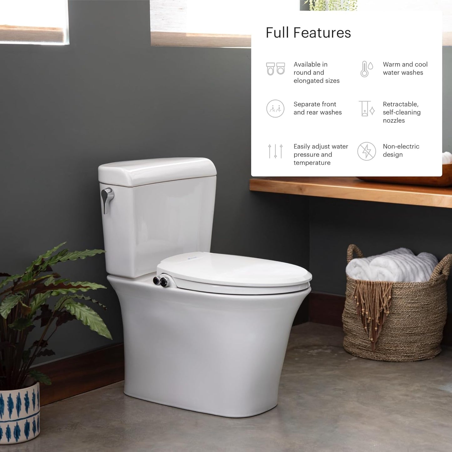 Brondell Bidet Toilet Seat, Non-Electric Swash Ecoseat, Fits Elongated Toilets, White - Dual Temperature, Dual Nozzle System - Bidet with Easy Installation