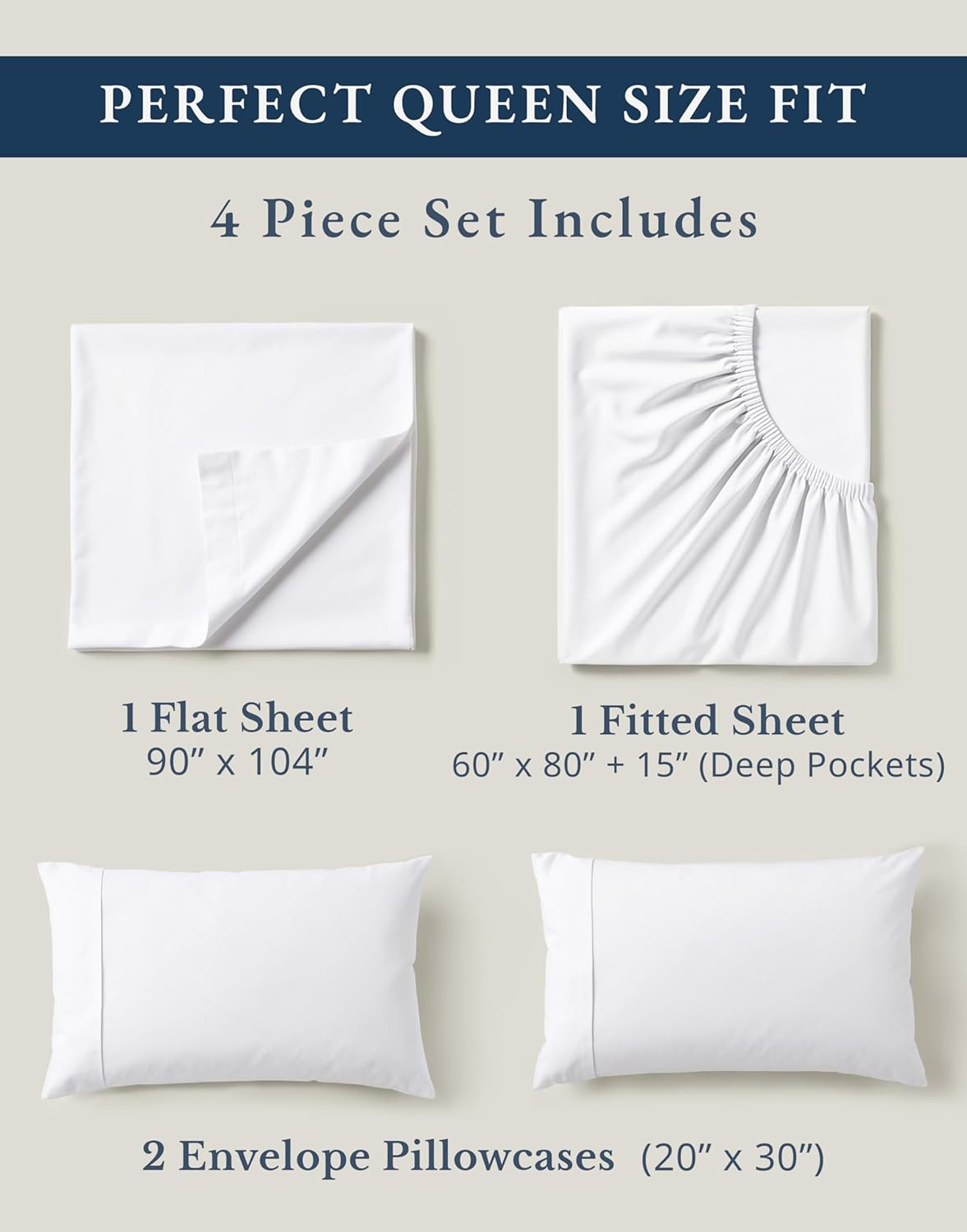 LANE LINEN Eco Friendly 100% Organic Cotton Queen Sheet Set, Soft & Comfy Fully Elasticized 15" Deep Pocket Bed Sheets, Low Pill Naturally Cooling Machine Wash Sábanas Queen- White Bed Sheets