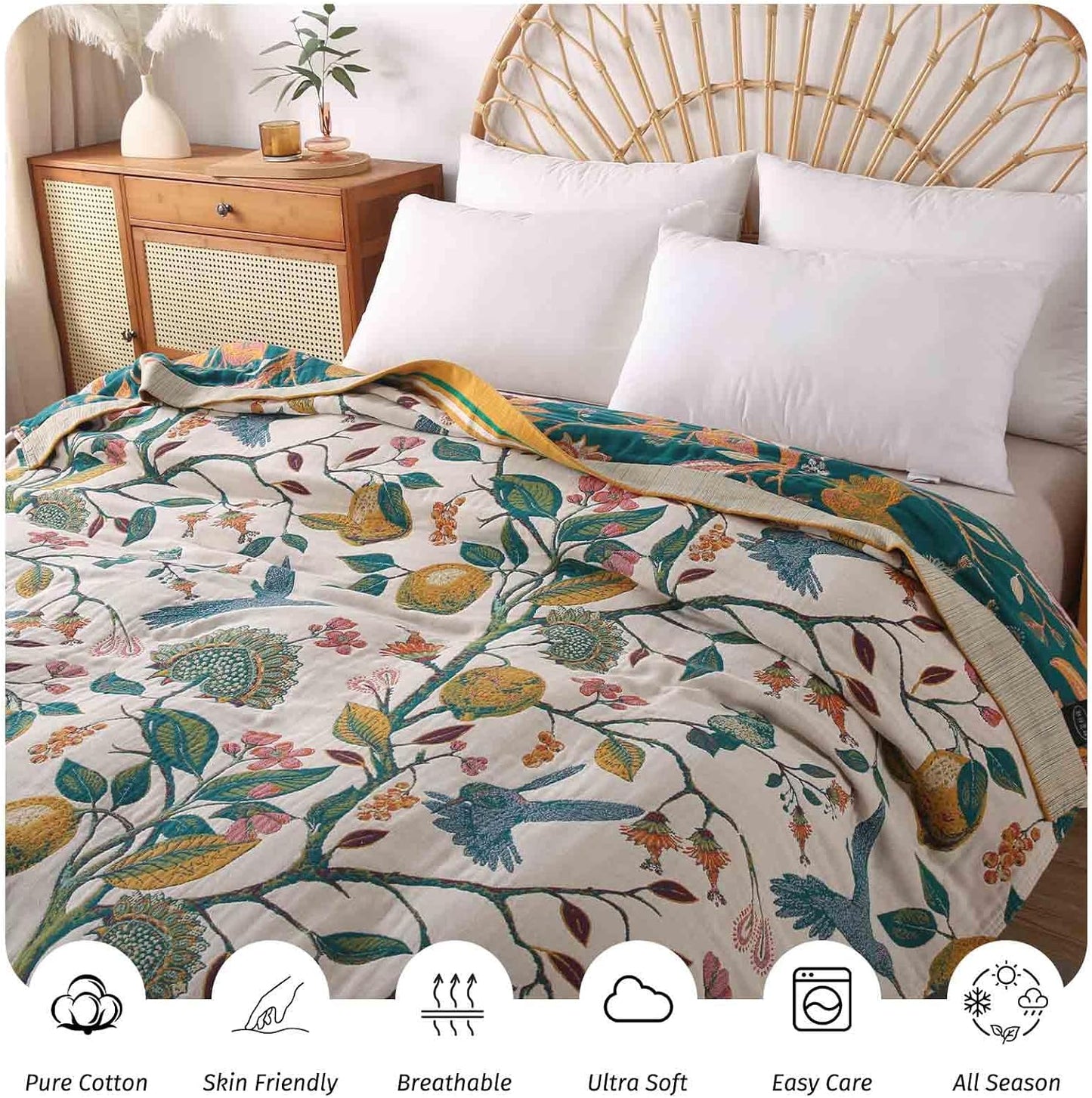 Qidordour Boho Throw Blanket, 80"x90" Muslin Blankets, 100% Organic Cotton Blanket for Couch Sofa, Lightweight Quilt, All Season Bed Throw, Farmhouse Home Decor, B-Hummingbird Fruit
