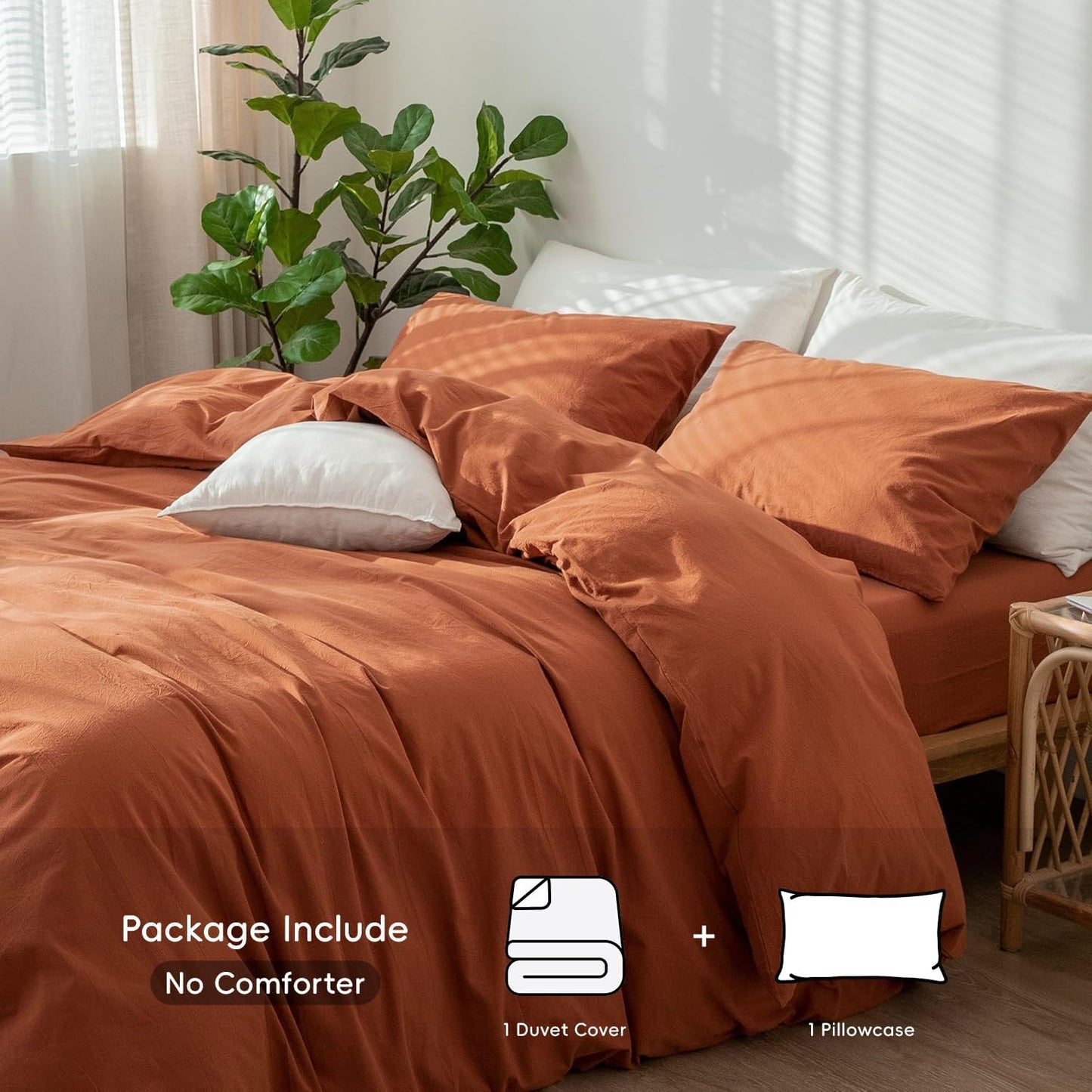 MooMee Bedding Duvet Cover Set 100% Washed Cotton Linen Like Textured Breathable Durable Soft Comfy (Solid Rust Brown, Twin 68"x90")