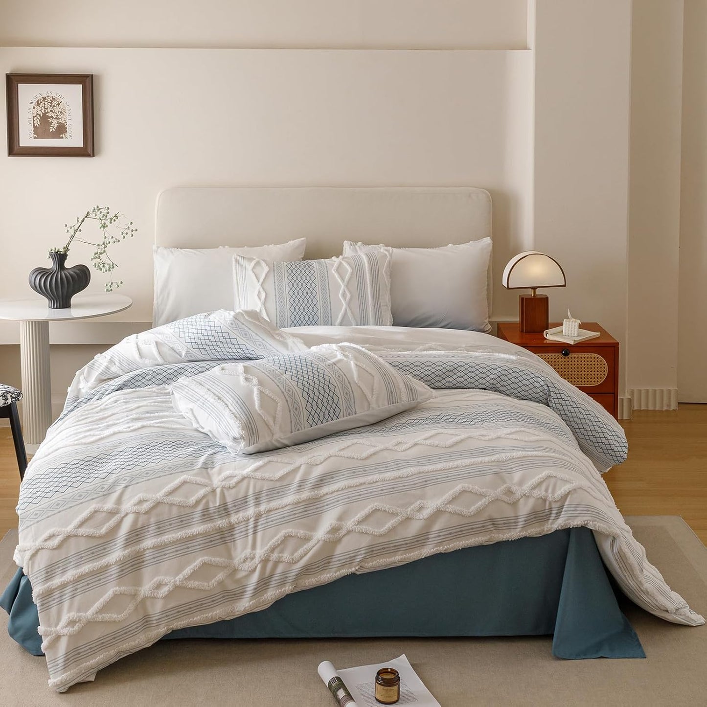 Cottonight White Blue Boho Comforter Set King Farmhouse Tufted Bedding Set Soft Bohemain Shabby Chic Blanket Quilts Embroidery Rustic Luxury Soft 3PCS Bed Set for Women Men