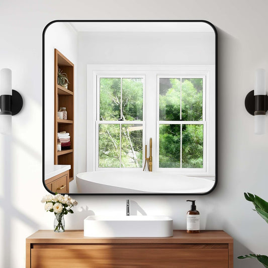 Bathroom Mirror, 36"x36" Black Square Wall Mirror, Metal Frame Rounded Corner Vanity Mirror, Large Wall Mounted Mirror for Modern Bedroom Living Room Horizontal Or Vertical Mounting