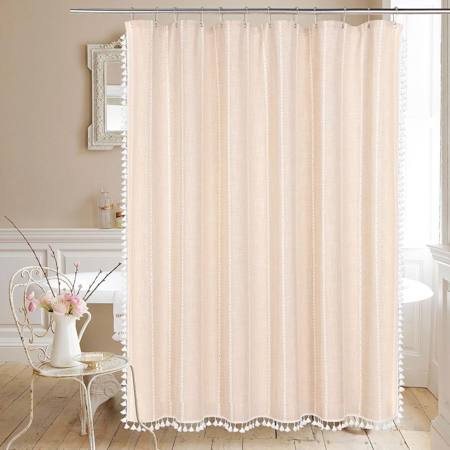 MitoVilla Boho Extra Long Shower Curtain 72 x 84, Beige 84 inch XL Polyester Linen Fabric Shower Curtain Set with Tassel for Vintage Country Farmhouse Bathroom Decor, Thick & Wrinkle Resistant, Cream
