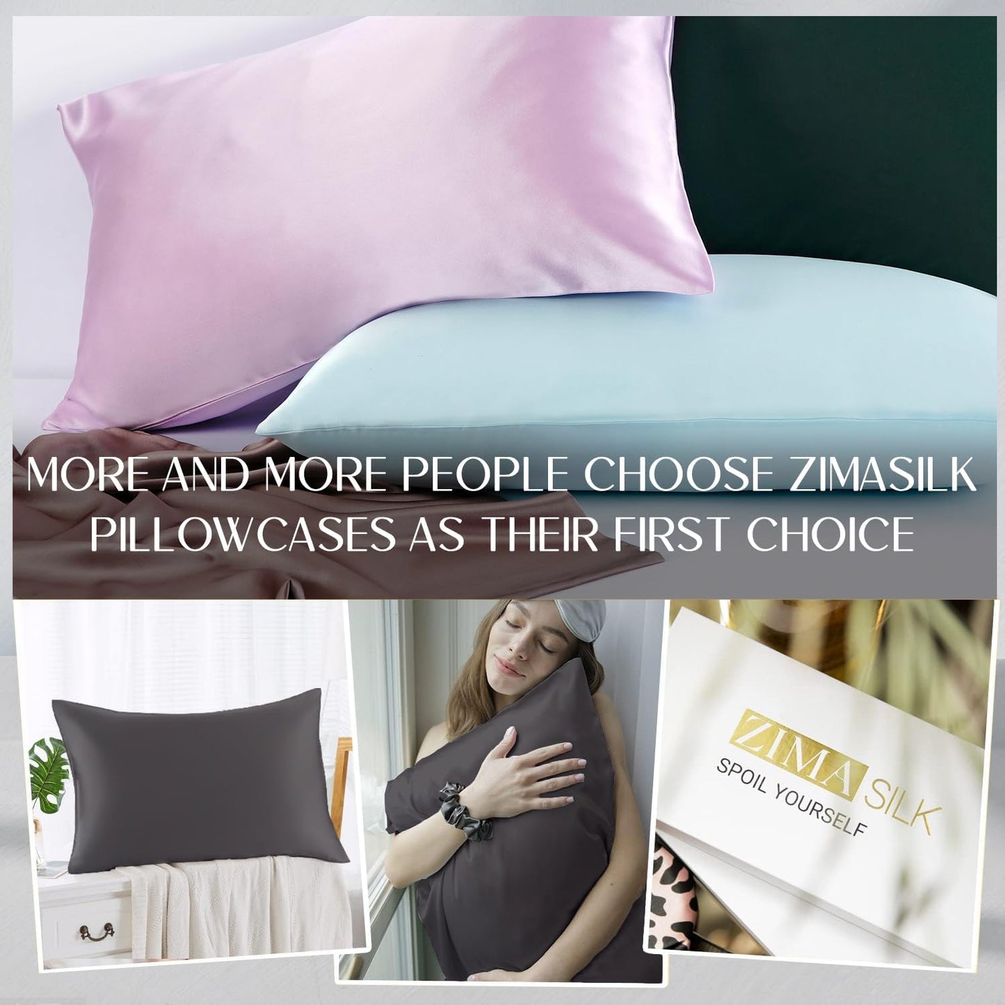 ZIMASILK 100% Pure Mulberry Silk Pillowcase for Hair and Skin Health,Soft and Smooth,Both Sides Premium Grade 6A Silk,600 Thread Count,with Hidden Zipper,1pc (Queen 20''x30'',Dark Gray)