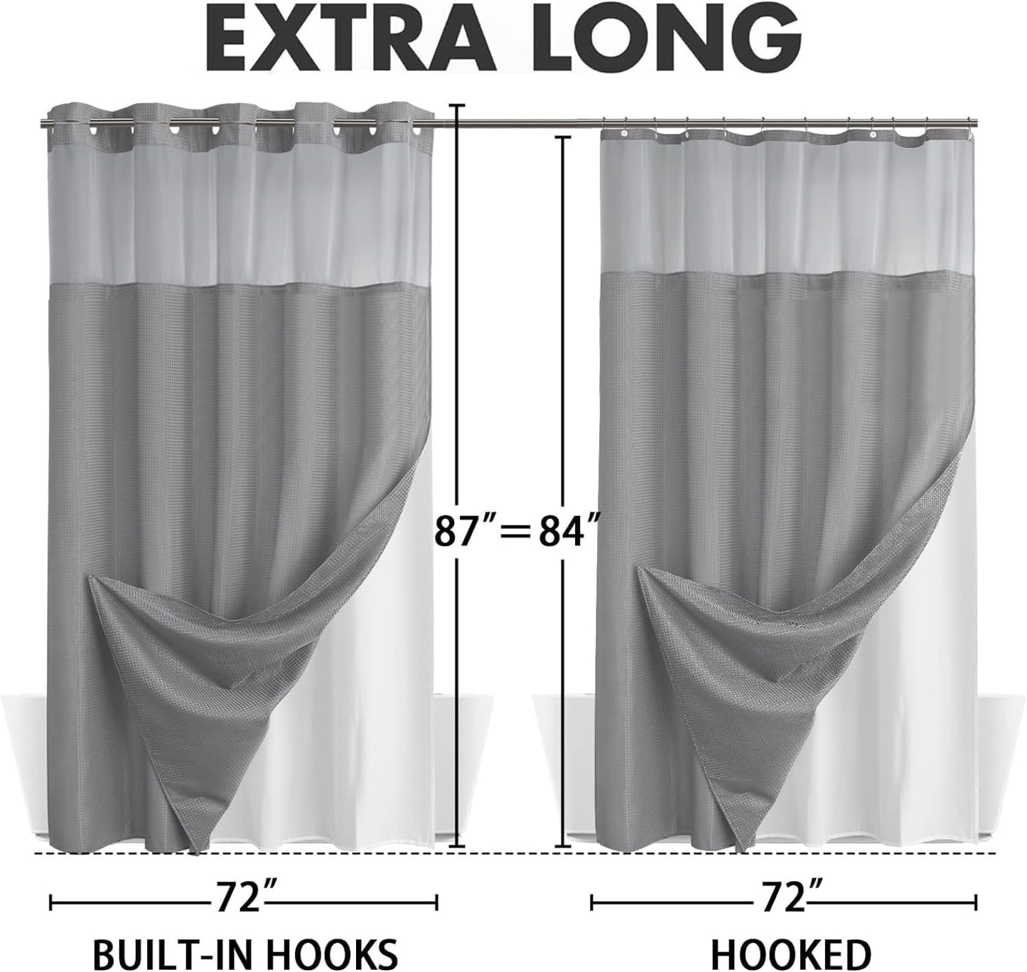 YellyHommy No Hook Shower Curtain with Snap in Liner Set Less Time Grey Waffle Shower Curtain for Bathroom 87" L x 72" W Gray