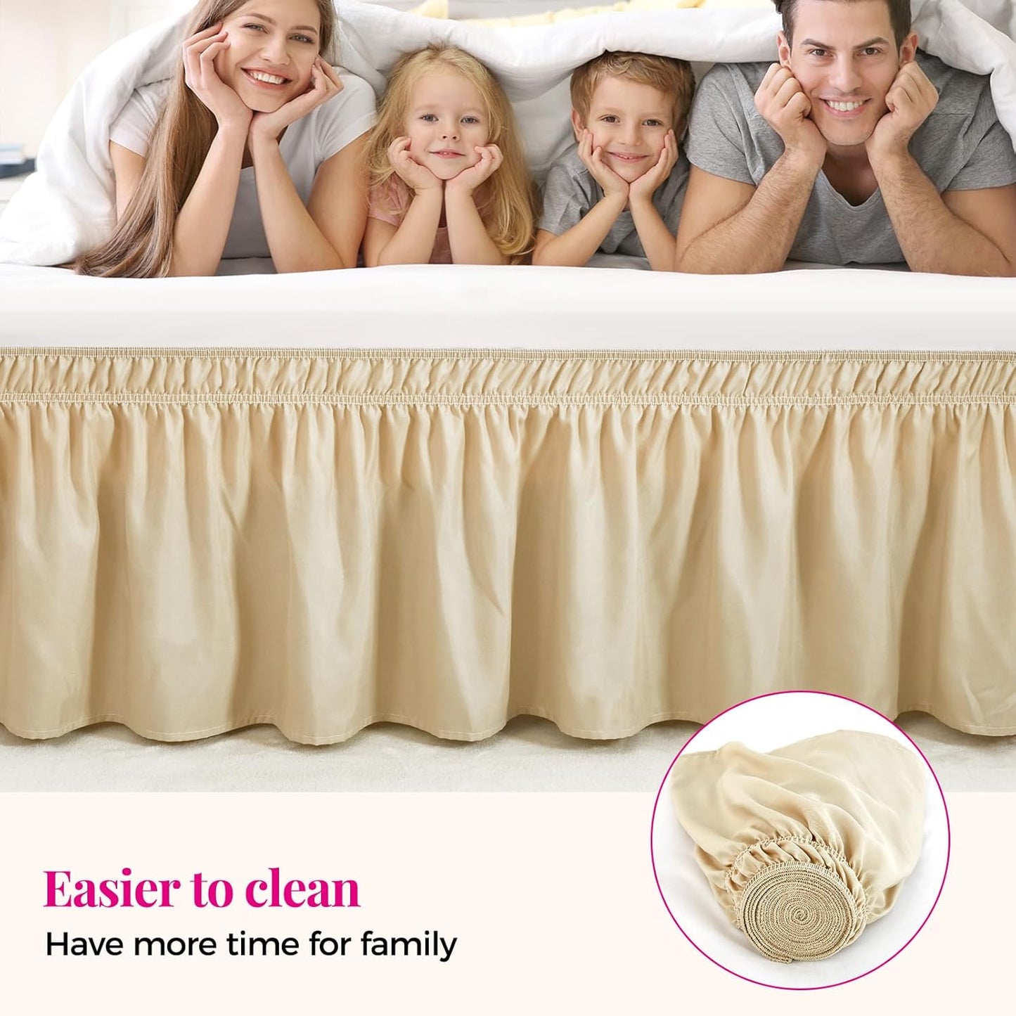 RIMELA Oatmeal Bed Skirt King Size 15 Inch Drop, Elastic Bed Skirting for Bed Base and Frame, Bedding Dust Ruffle Easy to Install, Lightweight Wrap Around Adjustable Bedskirt