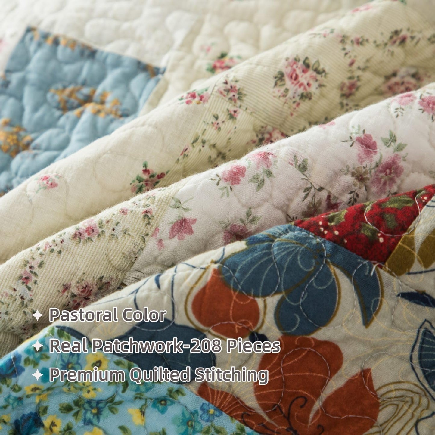 meadow park Cotton Real Patchwork Quilt Set 3-Piece. 100% Washed Cotton. 208 Hand Cut Patches. Allover Quilting. Reversible Coverlet Set. (King)