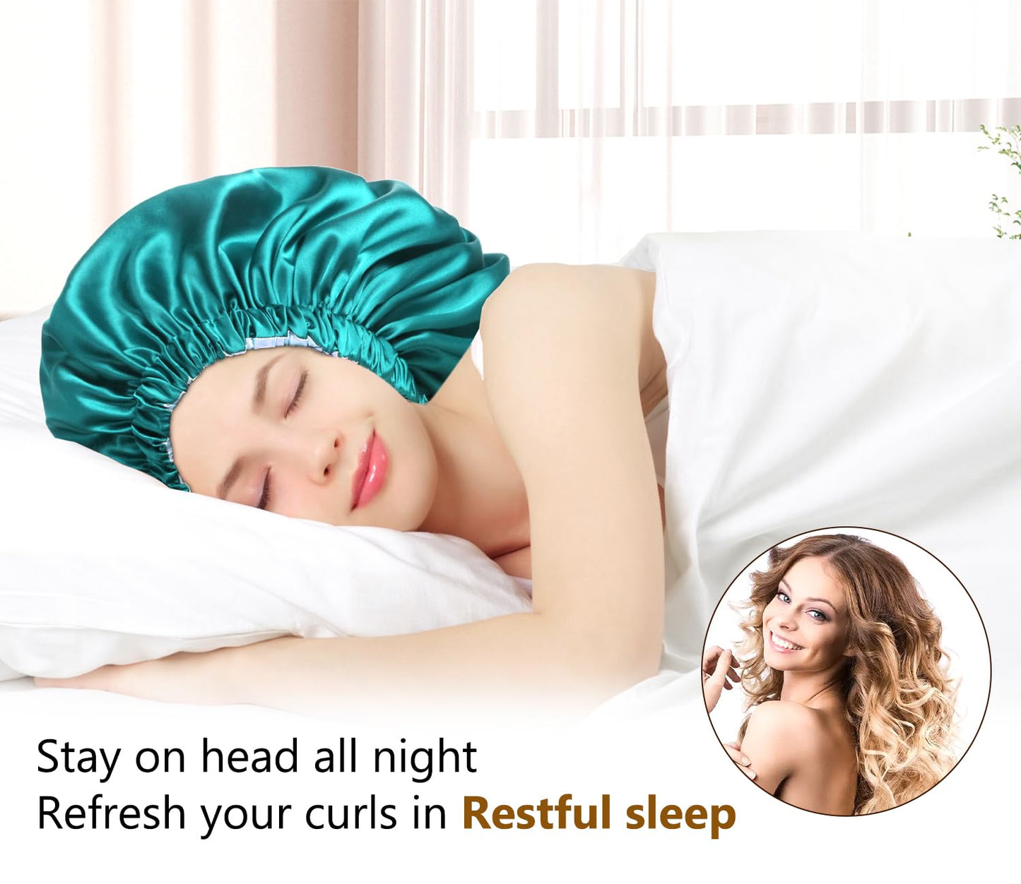 mikimini Satin Bonnet for Sleeping,Pack of 2,Green+Light Blue,Silk Bonnet for Women Long Curly Hair,Reversible Double-Layer Sleeping Hair Bonnet Extra Large Stretchy Sleep Hair Caps