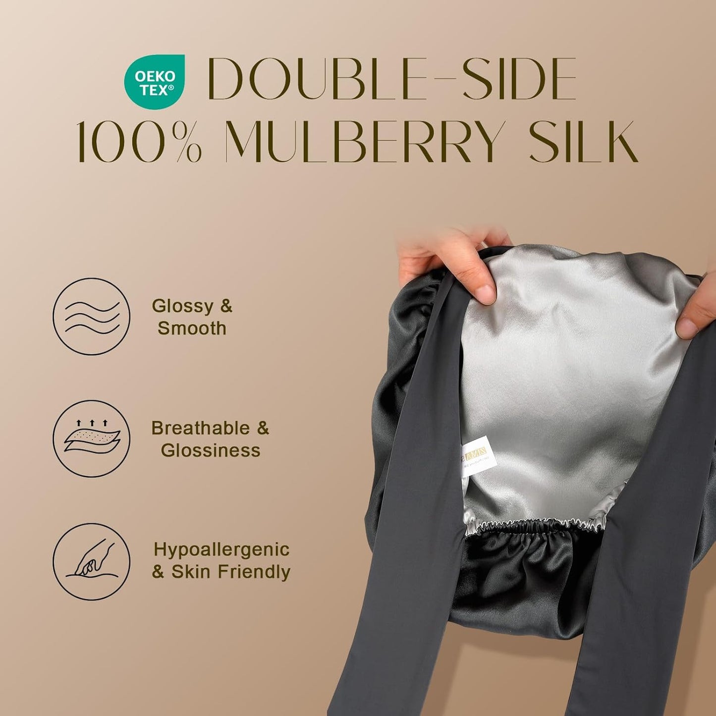 ZIMASILK 100% Mulberry Silk Bonnet for Sleeping Women Long Hair Double Layer Silk Hair Wrap with Tie Band Stay On Head (1Pc, Dark Grey)