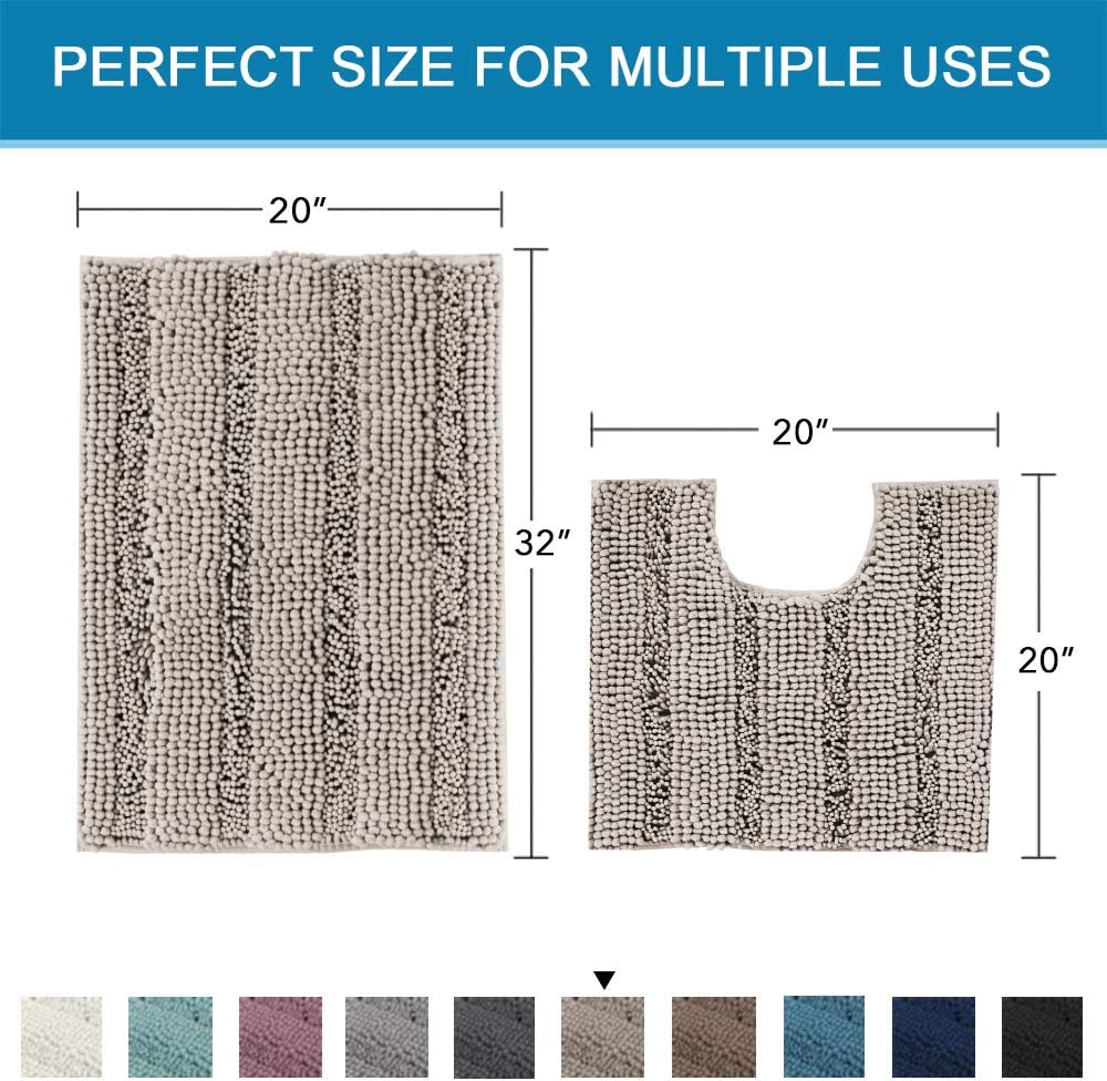 H.VERSAILTEX Bathroom Rugs Bath Rug Set 2 Piece Bathroom Contour Rug Toilet Mat Sets Non Slip Contour Bath Rug Ultra Thick Water Absorbent Striped Bath Mats Washable(20" x 32" Plus 20" x 20" U, Taupe)