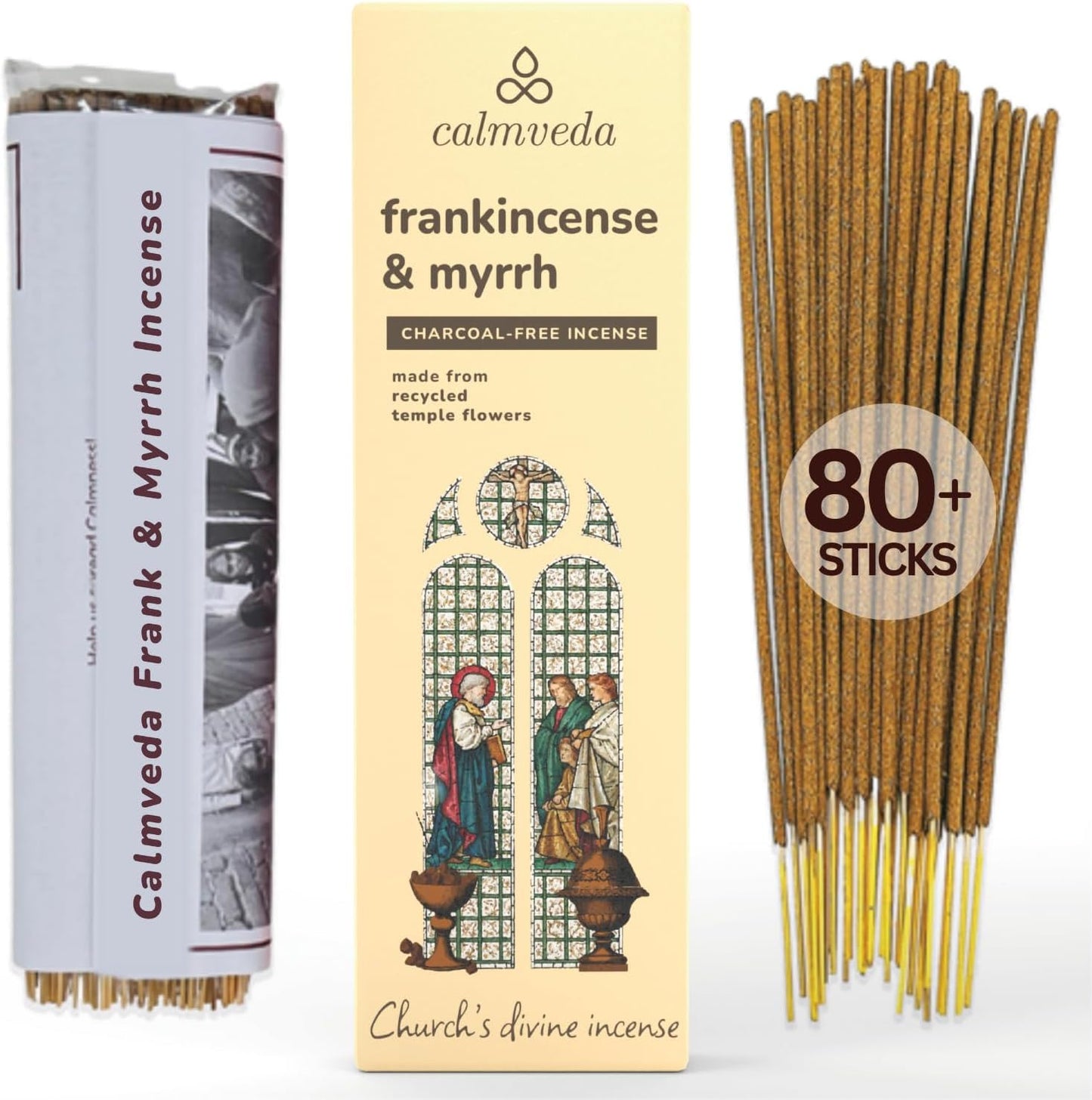 Church Frankincense and Myrrh Incense - 80 Sticks, Charcoal Free, Handmade from Upcycled Flowers, Spiritual Healing Incense