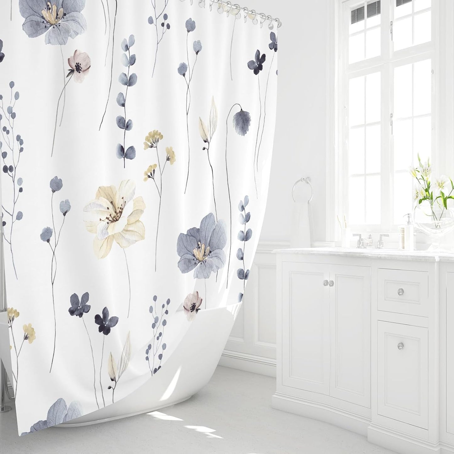 Gibelle Watercolor Floral Shower Curtain, Grey Beige Flower Shower Curtain for Bathroom, Modern Minimalist White Waterproof Fabric with Hooks 72x72 Inch