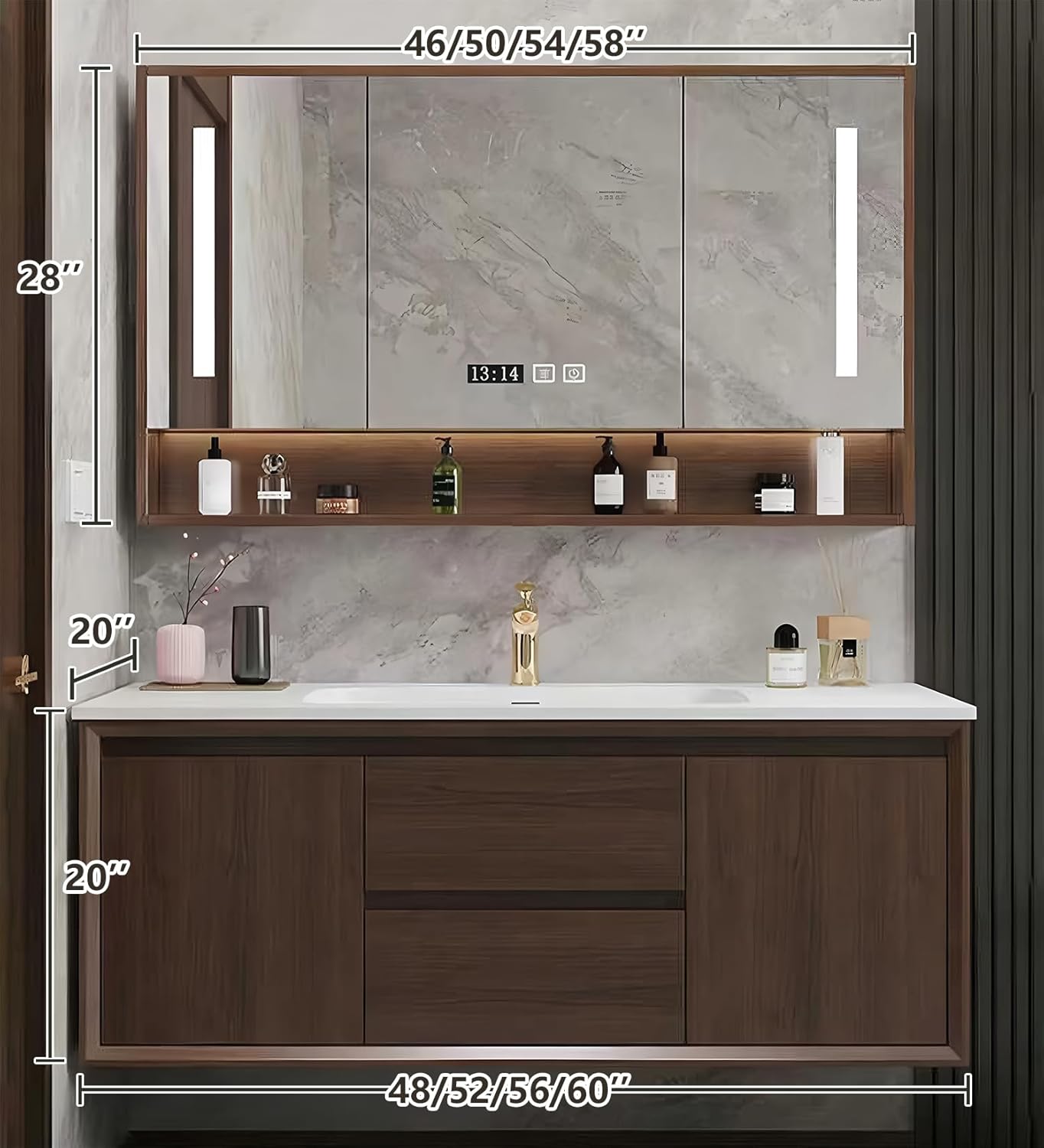 Bathroom Sink Vanity 52Inch, Floating Bathroom Vanity with LED Smart Defogging Mirror Cabinet and Open Shelf, Multi-Layer Solid Wood Bathroom Furniture Cabinet, Wall Mount Installation (Walnut)