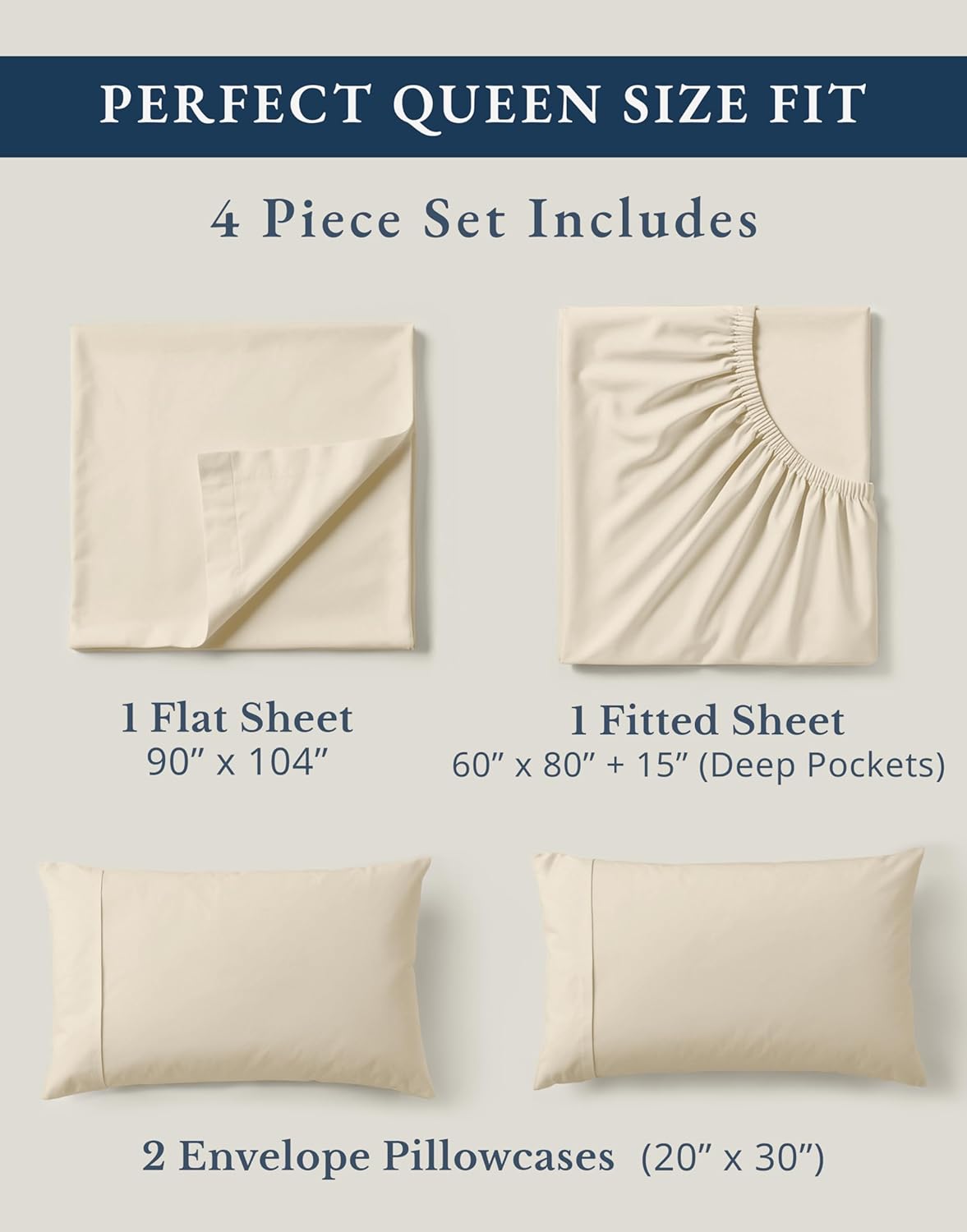 LANE LINEN 100% Organic Cotton Queen Sheets, 4Pc Cotton Sheets Set, Classic Percale Weave Bedsheets Queen Size Bed, Soft Breathable Sheet & Pillowcase Sets, Deep Pocket 15" - Natural
