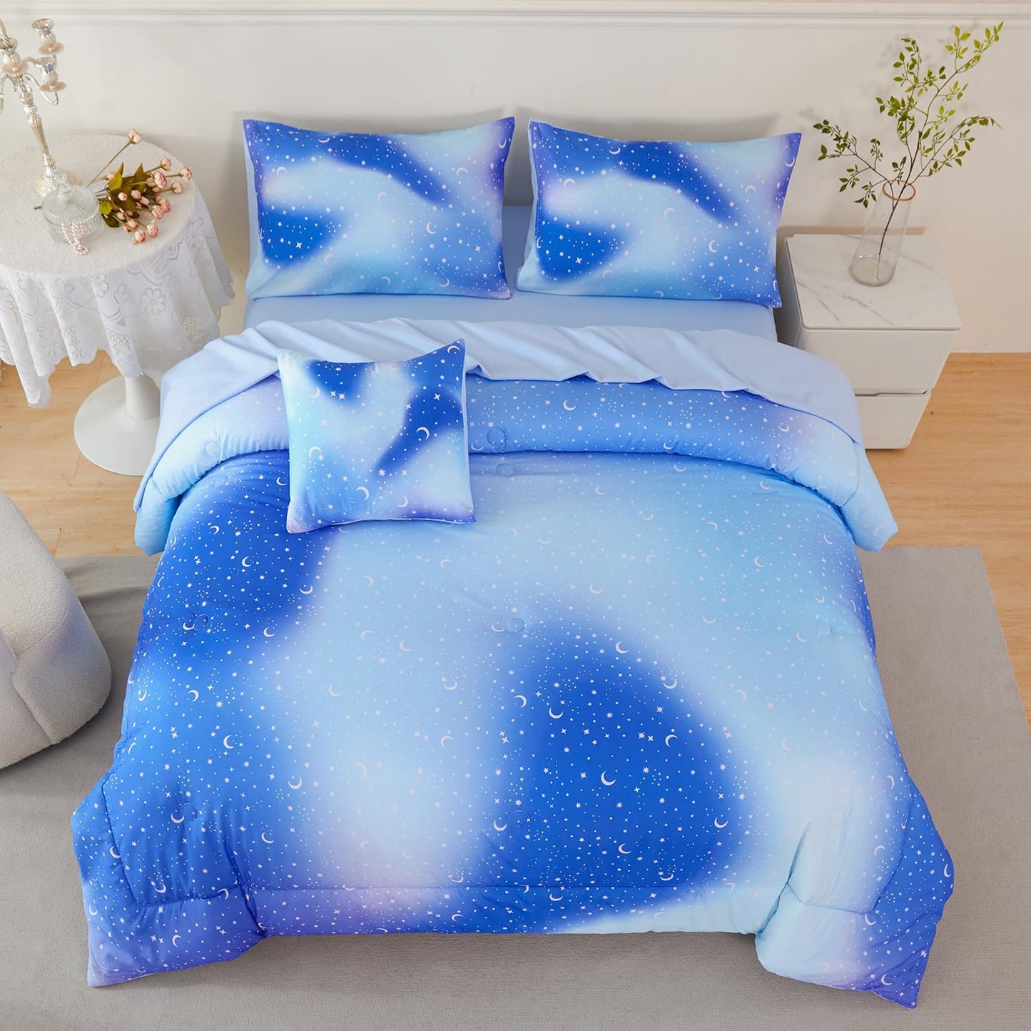 URBONUR 6Pcs Gradient Glitter Comforter Set for Girls Queen Size Blue Galaxy Kids Bedding Set for Boys Comforter Sets Soft Bed in A Bag Queen (Ombre Blue)